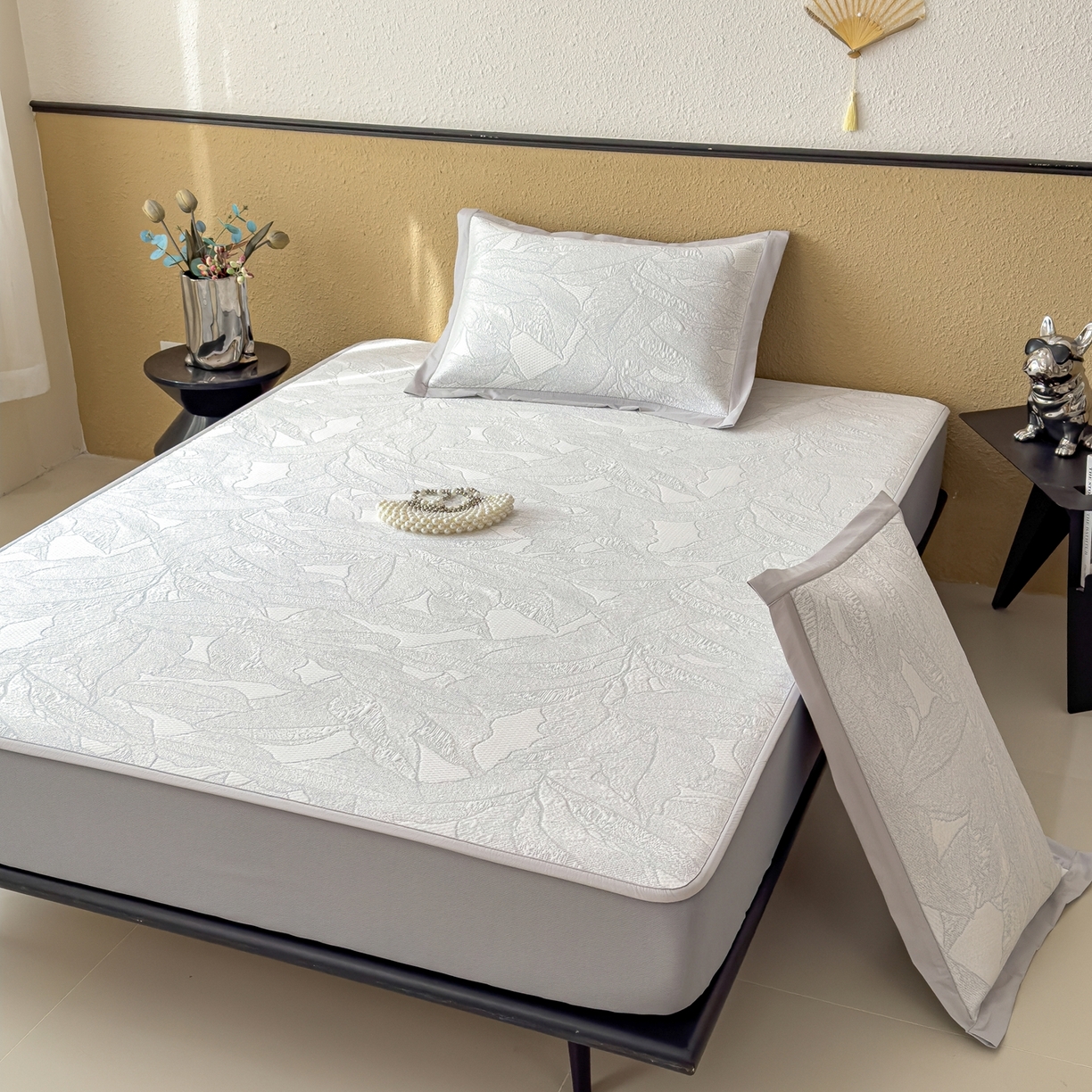 91家纺网 家纺一手货源 找家纺 耀悦家纺 2026年新款乙纶华夫格冰丝凉席床笠款ins风轻奢简约风凉席席子 家大叶大-天空蓝-床笠款