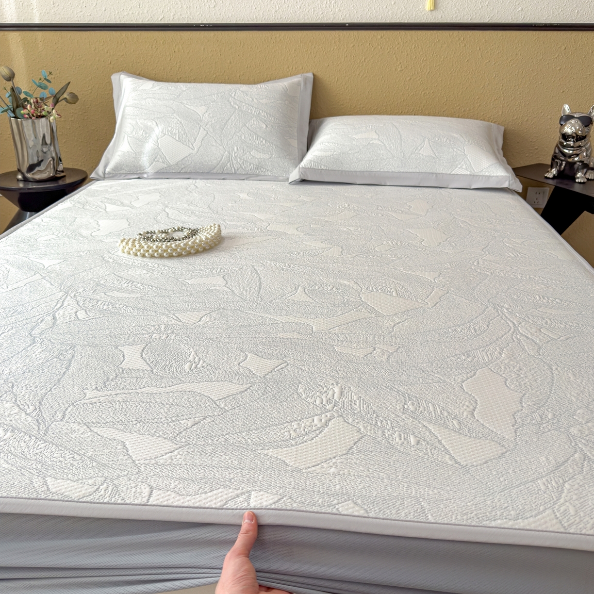 91家纺网 家纺一手货源 找家纺 耀悦家纺 2026年新款乙纶华夫格冰丝凉席床笠款ins风轻奢简约风凉席席子 家大叶大-天空蓝-床笠款