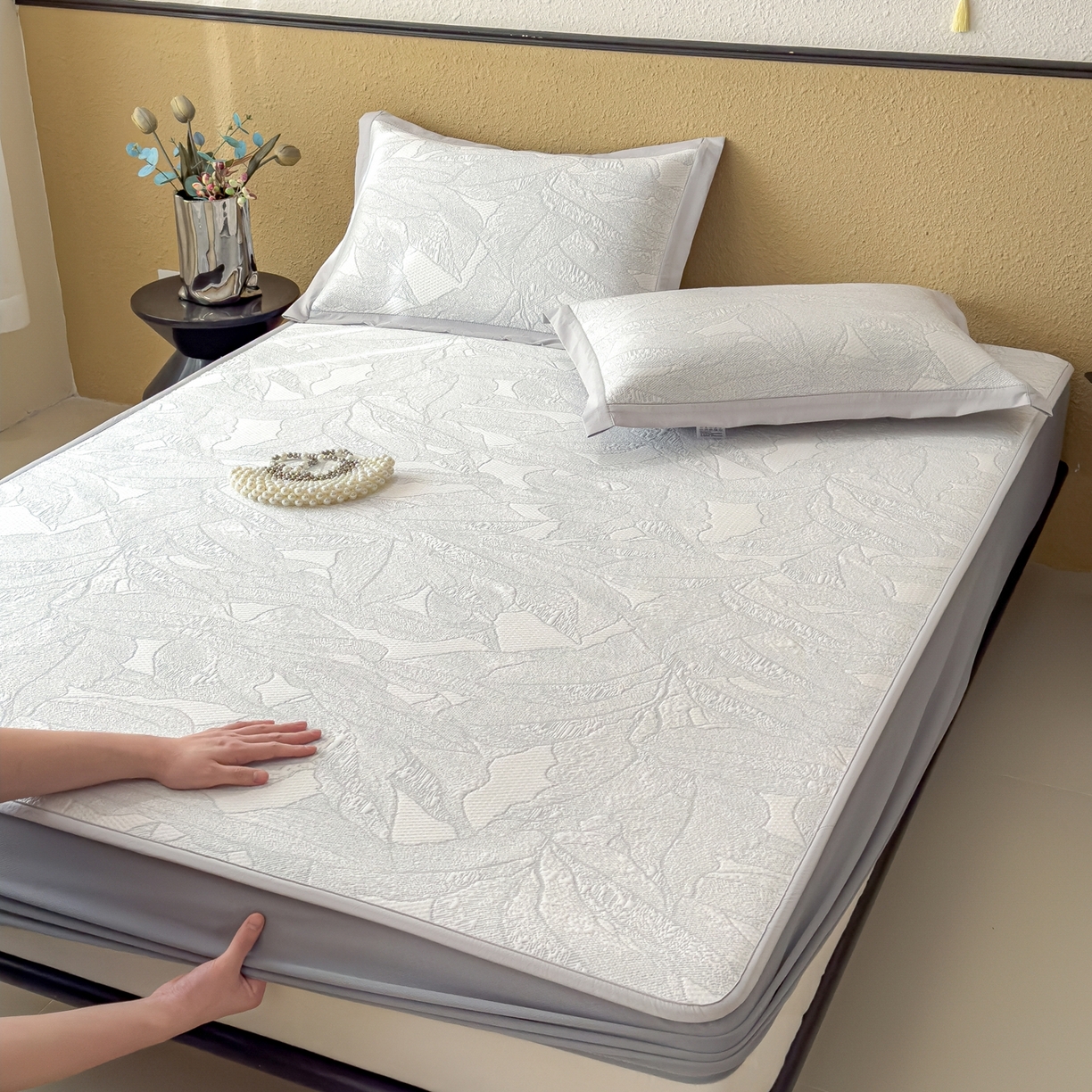 91家纺网 家纺一手货源 找家纺 耀悦家纺 2026年新款乙纶华夫格冰丝凉席床笠款ins风轻奢简约风凉席席子 家大叶大-天空蓝-床笠款