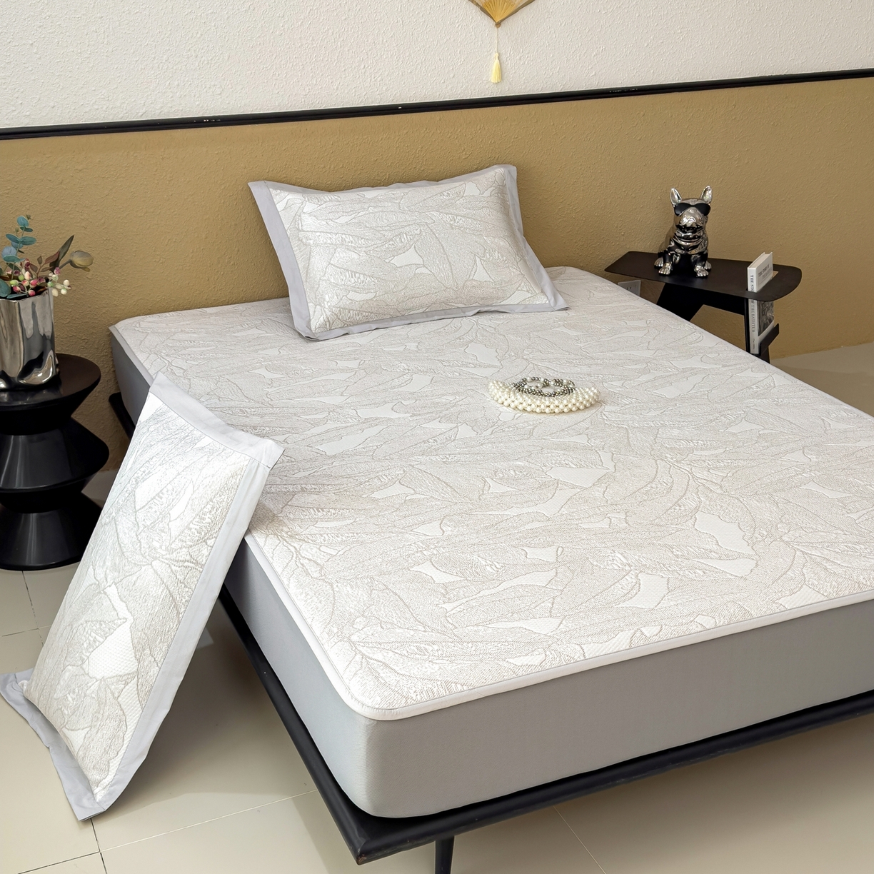 91家纺网 家纺一手货源 找家纺 耀悦家纺 2026年新款乙纶华夫格冰丝凉席床笠款ins风轻奢简约风凉席席子 家大叶大-棕雾咖-床笠款