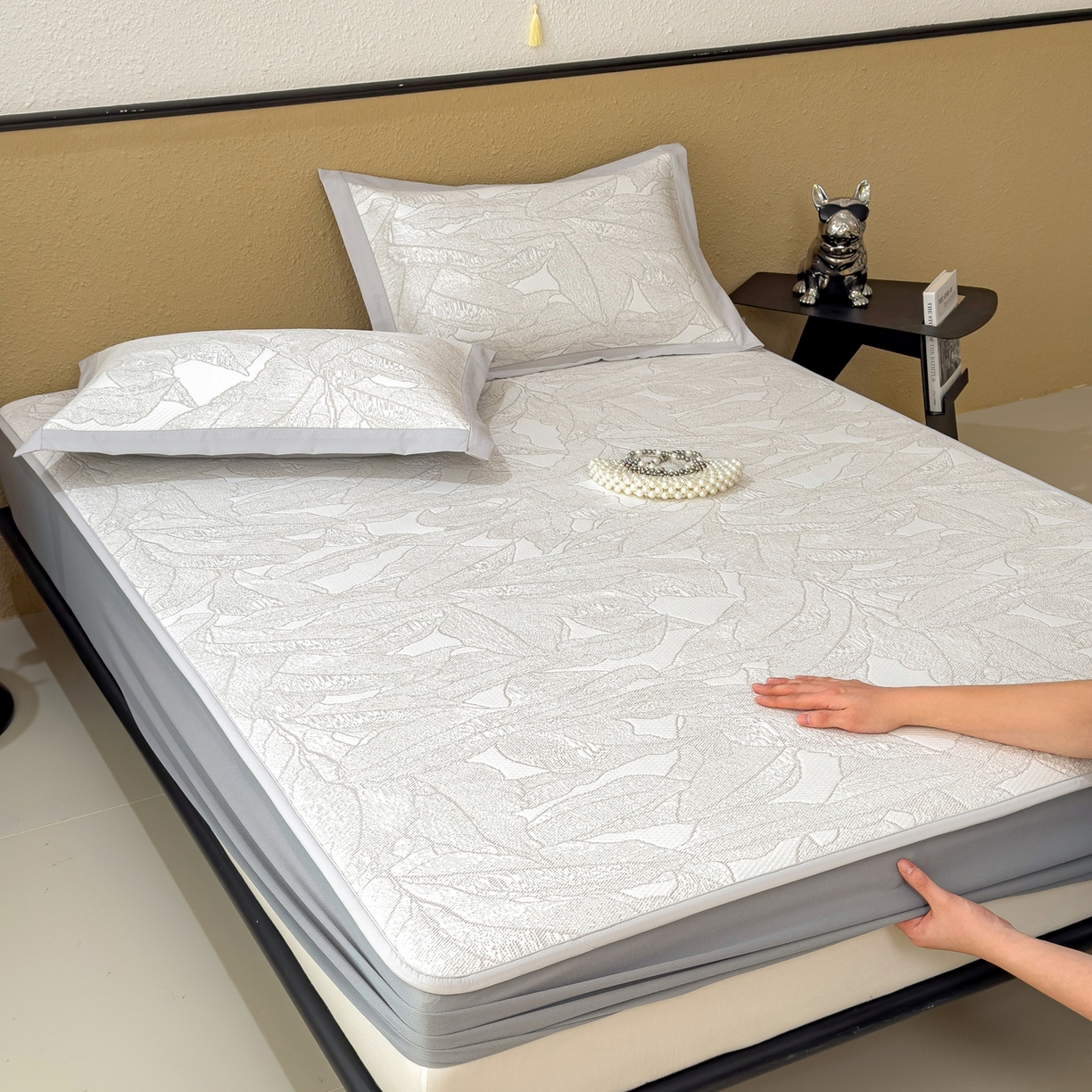 91家纺网 家纺一手货源 找家纺 耀悦家纺 2026年新款乙纶华夫格冰丝凉席床笠款ins风轻奢简约风凉席席子 家大叶大-棕雾咖-床笠款