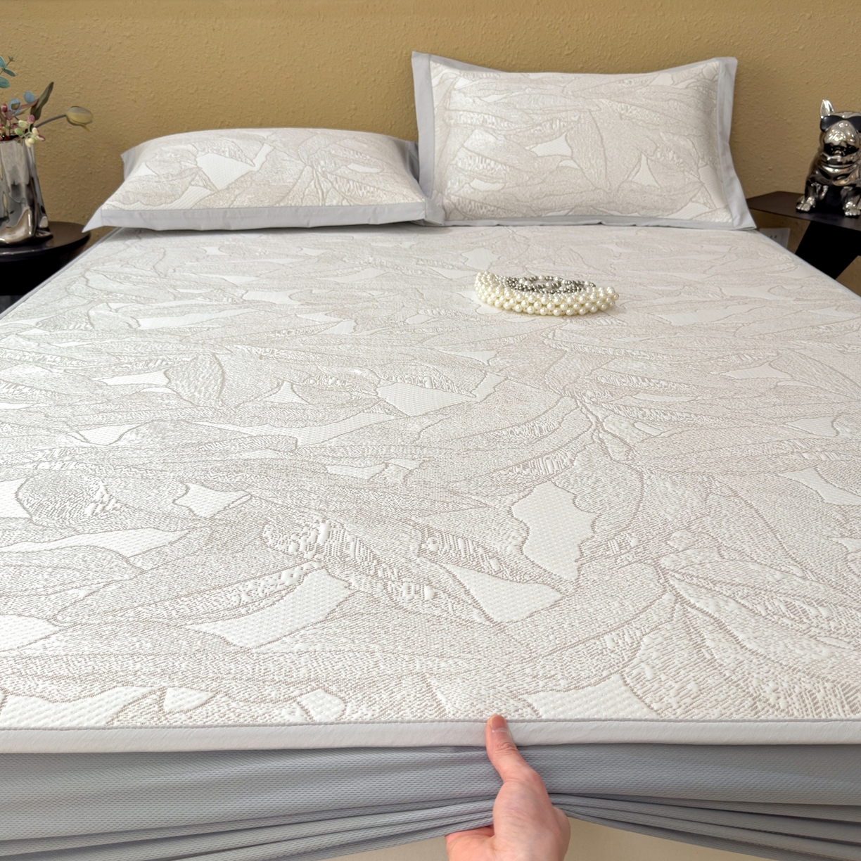 91家纺网 家纺一手货源 找家纺 耀悦家纺 2026年新款乙纶华夫格冰丝凉席床笠款ins风轻奢简约风凉席席子 家大叶大-棕雾咖-床笠款