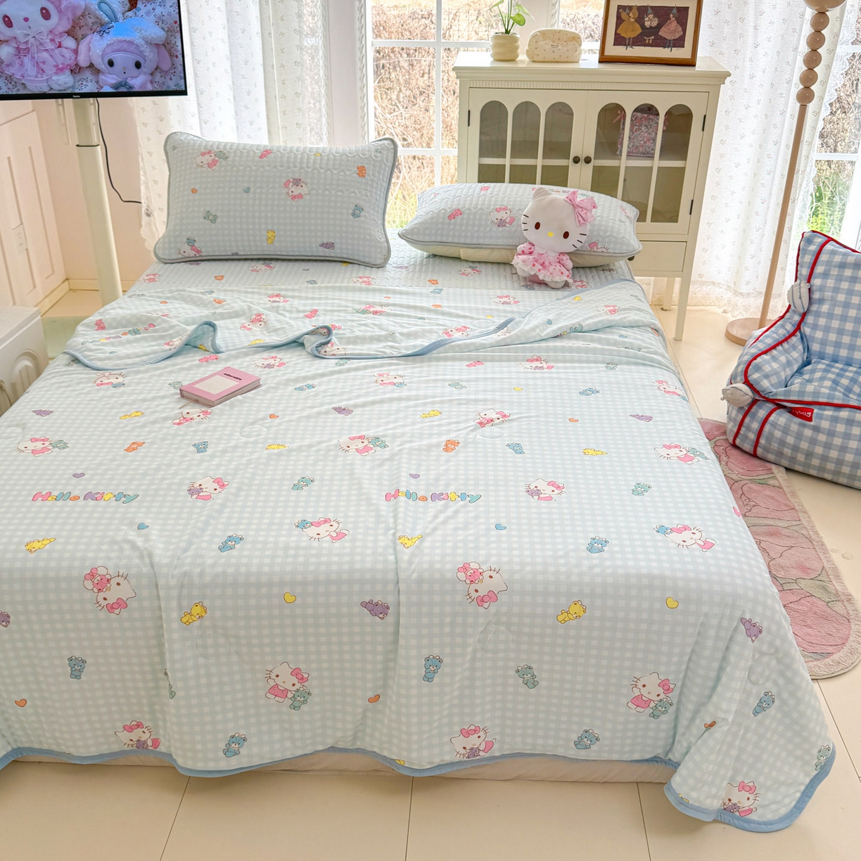 91家纺网 家纺一手货源 找家纺 博雅 2026新款三丽鸥A类仿锦氨组合小冰皮夏被夏凉被空调被凉席席子 小版-可爱KT