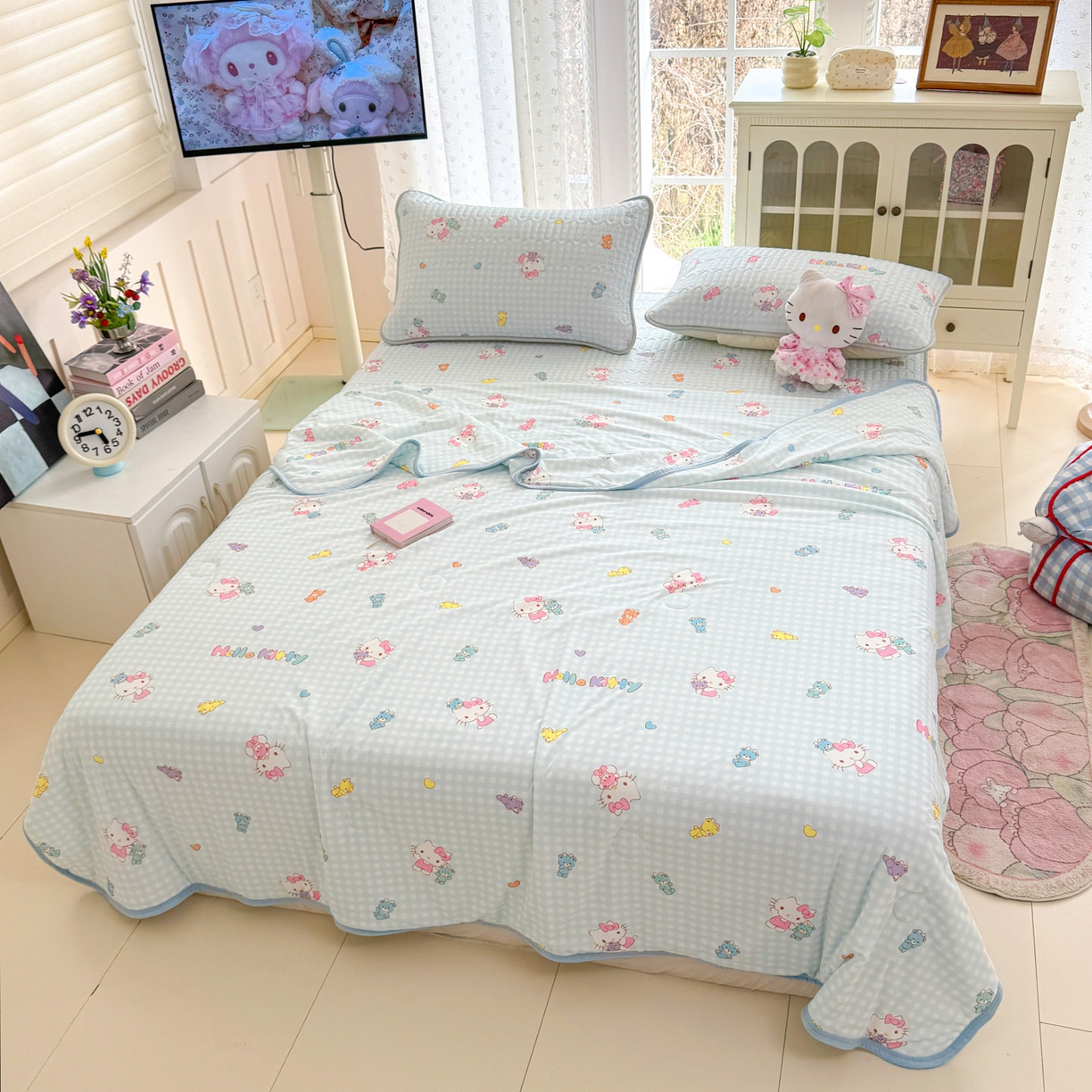 91家纺网 家纺一手货源 找家纺 博雅 2026新款三丽鸥A类仿锦氨组合小冰皮夏被夏凉被空调被凉席席子 小版-可爱KT