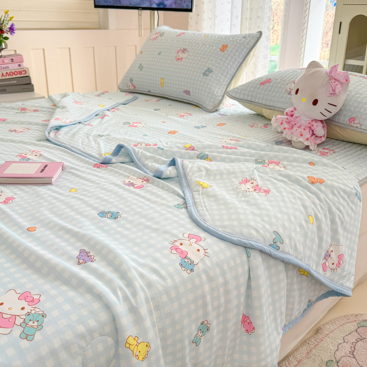 91家纺网 家纺一手货源 找家纺 博雅 2026新款三丽鸥A类仿锦氨组合小冰皮夏被夏凉被空调被凉席席子 小版-可爱KT