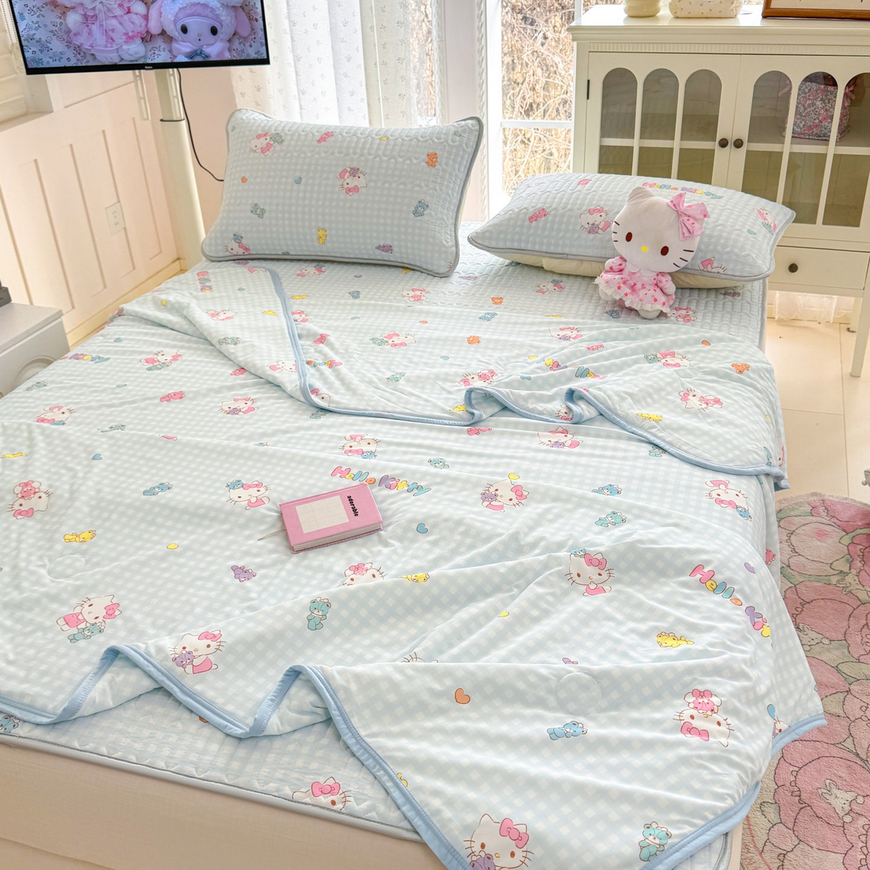 91家纺网 家纺一手货源 找家纺 博雅 2026新款三丽鸥A类仿锦氨组合小冰皮夏被夏凉被空调被凉席席子 小版-可爱KT