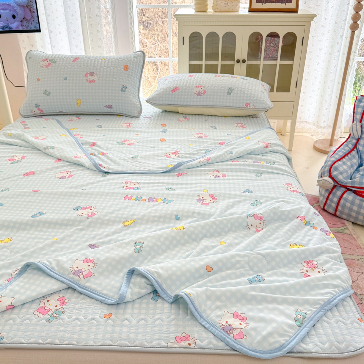 91家纺网 家纺一手货源 找家纺 博雅 2026新款三丽鸥A类仿锦氨组合小冰皮夏被夏凉被空调被凉席席子 小版-可爱KT