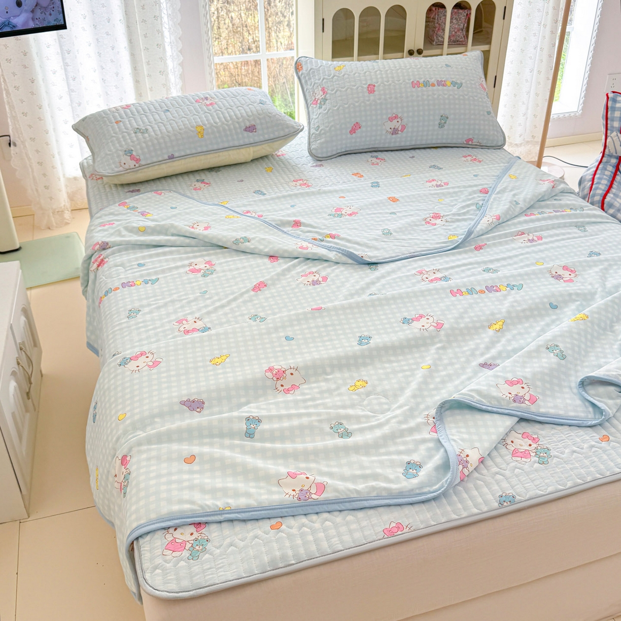 91家纺网 家纺一手货源 找家纺 博雅 2026新款三丽鸥A类仿锦氨组合小冰皮夏被夏凉被空调被凉席席子 小版-可爱KT