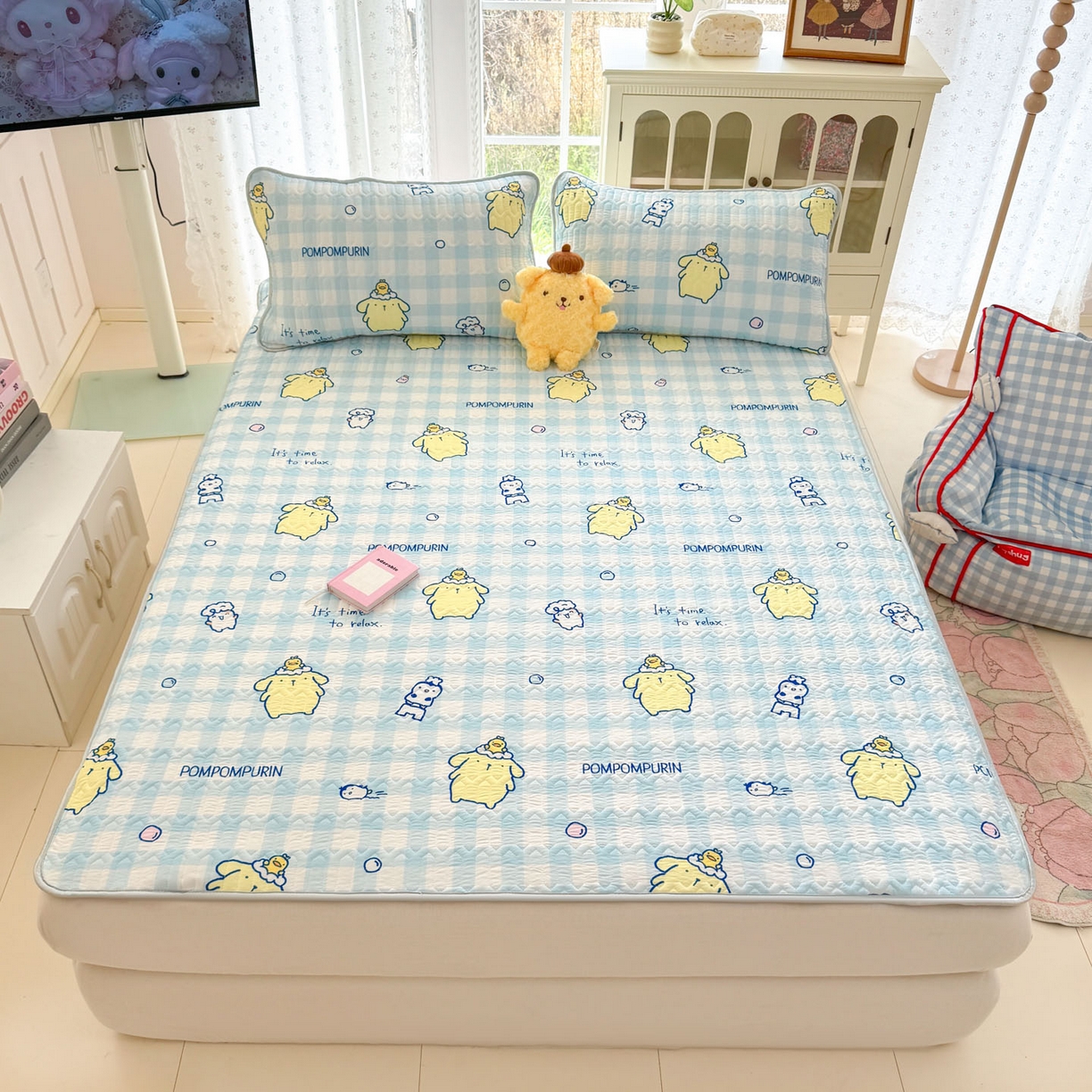 91家纺网 家纺一手货源 找家纺 博雅 2026新款三丽鸥A类仿锦氨组合小冰皮夏被夏凉被空调被凉席席子 小版-蓝格布丁狗