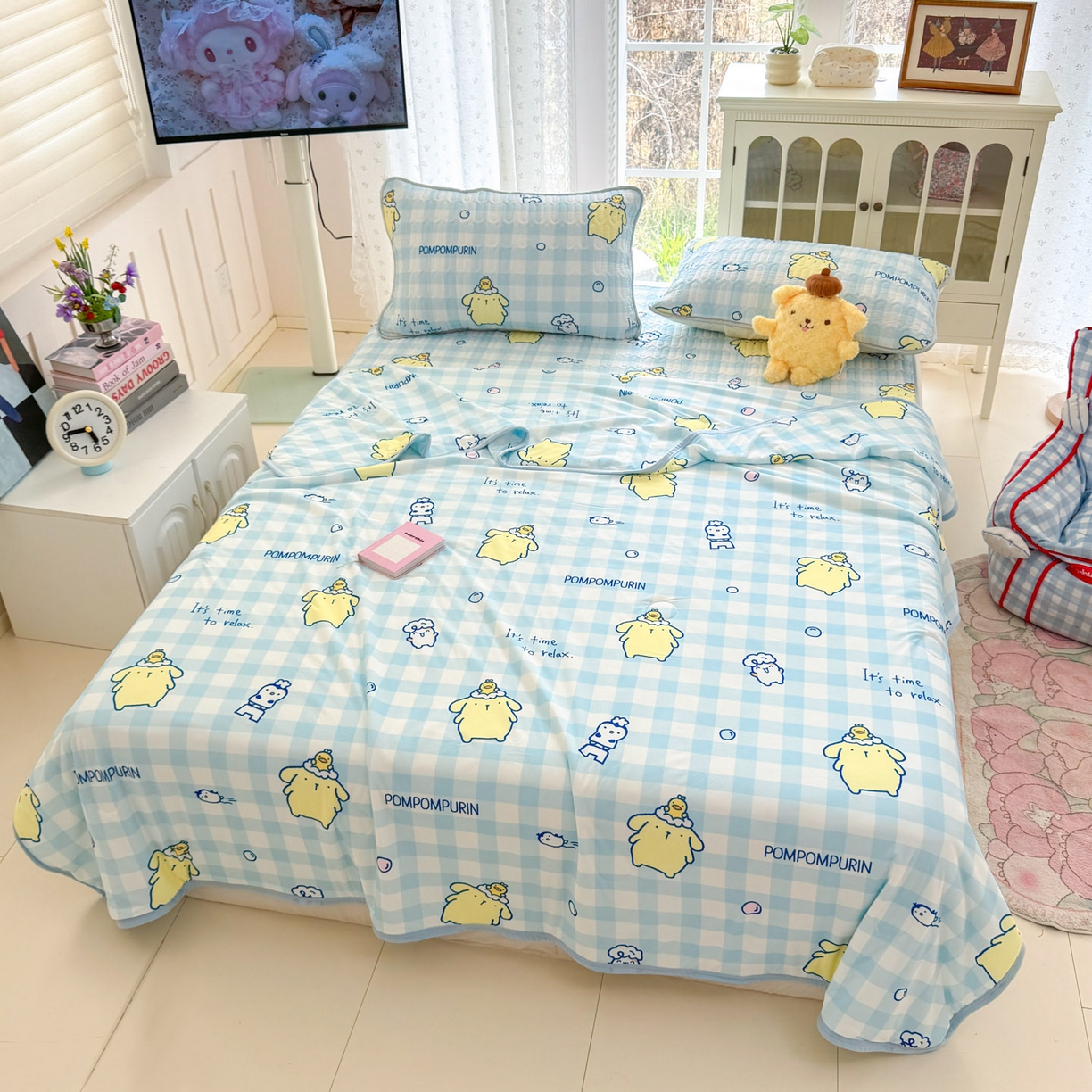 91家纺网 家纺一手货源 找家纺 博雅 2026新款三丽鸥A类仿锦氨组合小冰皮夏被夏凉被空调被凉席席子 小版-蓝格布丁狗