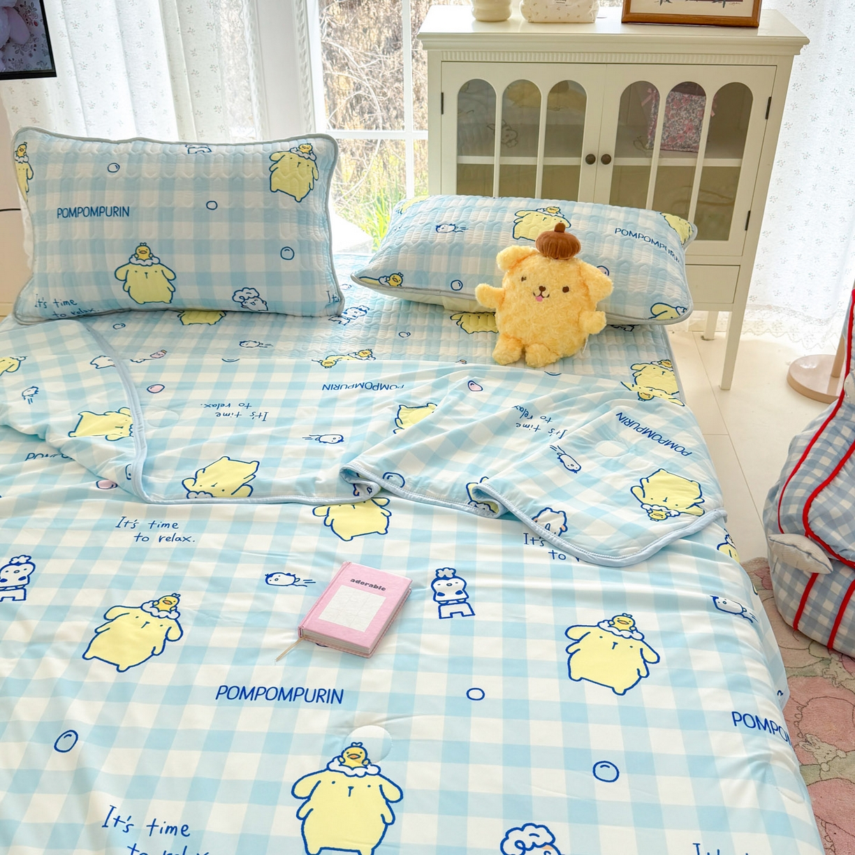 91家纺网 家纺一手货源 找家纺 博雅 2026新款三丽鸥A类仿锦氨组合小冰皮夏被夏凉被空调被凉席席子 小版-蓝格布丁狗