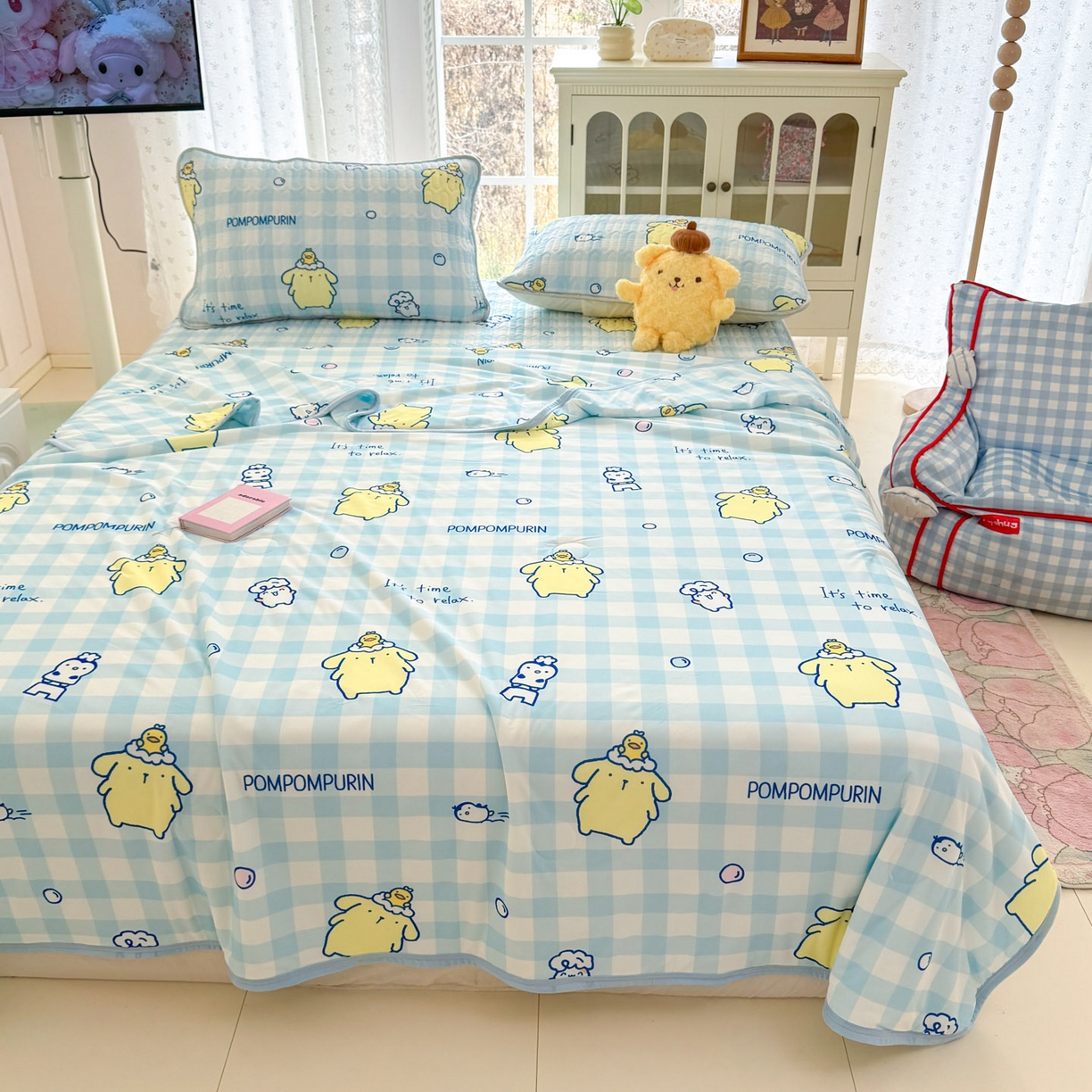 91家纺网 家纺一手货源 找家纺 博雅 2026新款三丽鸥A类仿锦氨组合小冰皮夏被夏凉被空调被凉席席子 小版-蓝格布丁狗