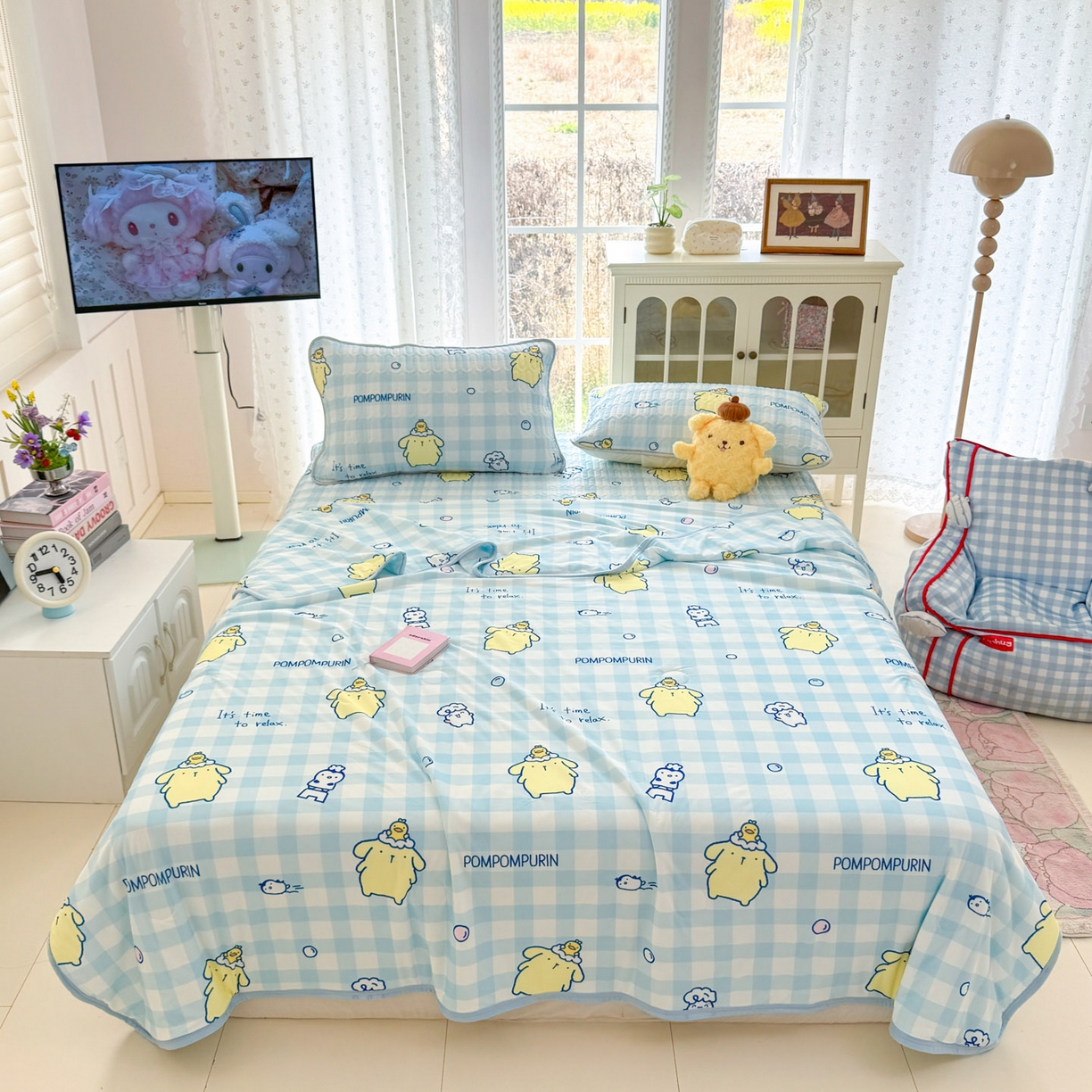 91家纺网 家纺一手货源 找家纺 博雅 2026新款三丽鸥A类仿锦氨组合小冰皮夏被夏凉被空调被凉席席子 小版-蓝格布丁狗