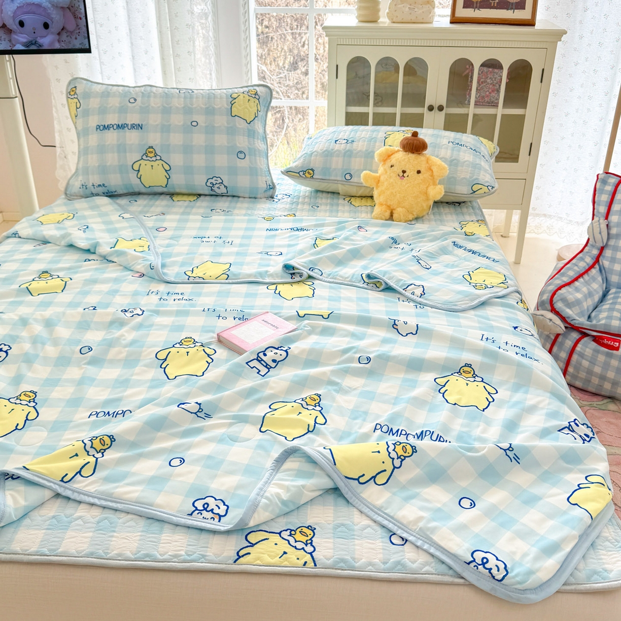 91家纺网 家纺一手货源 找家纺 博雅 2026新款三丽鸥A类仿锦氨组合小冰皮夏被夏凉被空调被凉席席子 小版-蓝格布丁狗