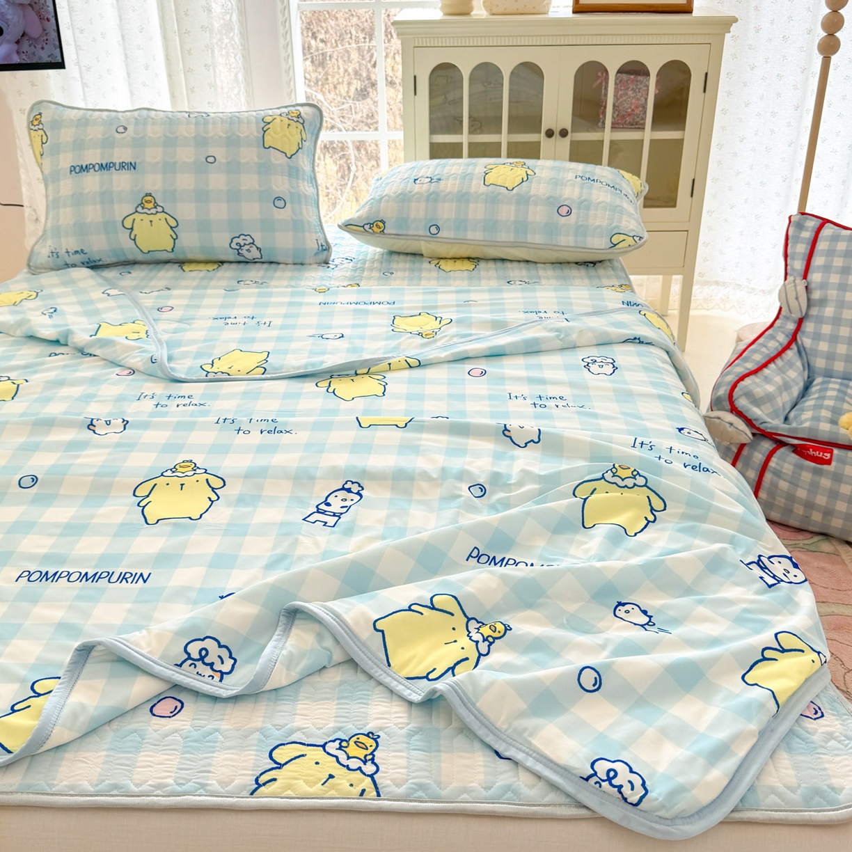 91家纺网 家纺一手货源 找家纺 博雅 2026新款三丽鸥A类仿锦氨组合小冰皮夏被夏凉被空调被凉席席子 小版-蓝格布丁狗