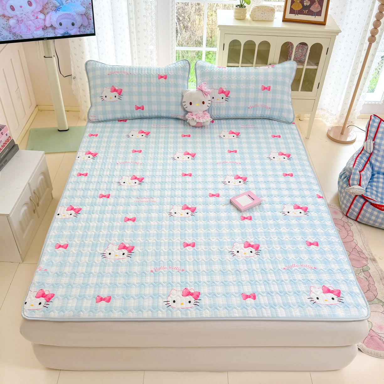 91家纺网 家纺一手货源 找家纺 博雅 2026新款三丽鸥A类仿锦氨组合小冰皮夏被夏凉被空调被凉席席子 小版-蓝色蝴蝶结KT