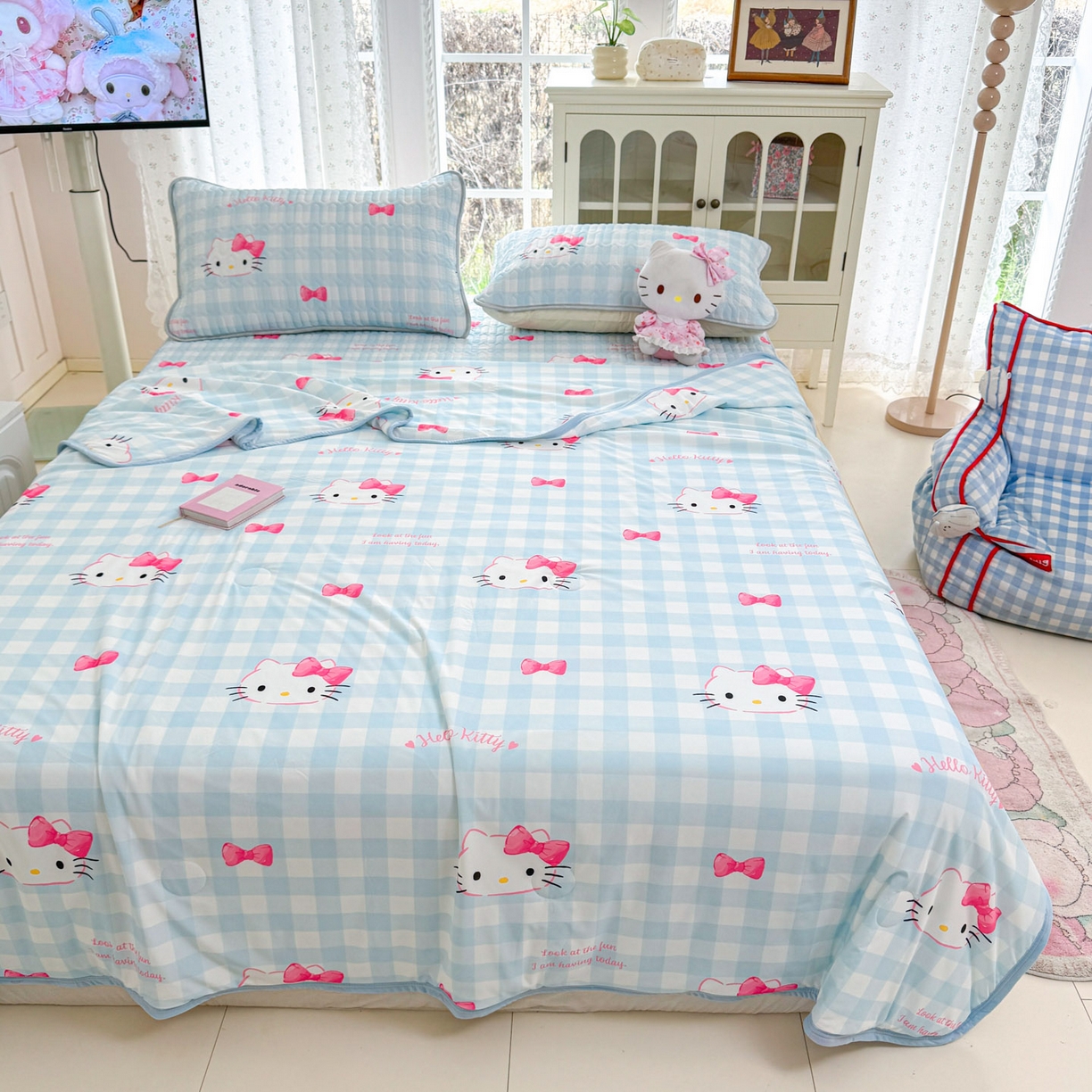 91家纺网 家纺一手货源 找家纺 博雅 2026新款三丽鸥A类仿锦氨组合小冰皮夏被夏凉被空调被凉席席子 小版-蓝色蝴蝶结KT