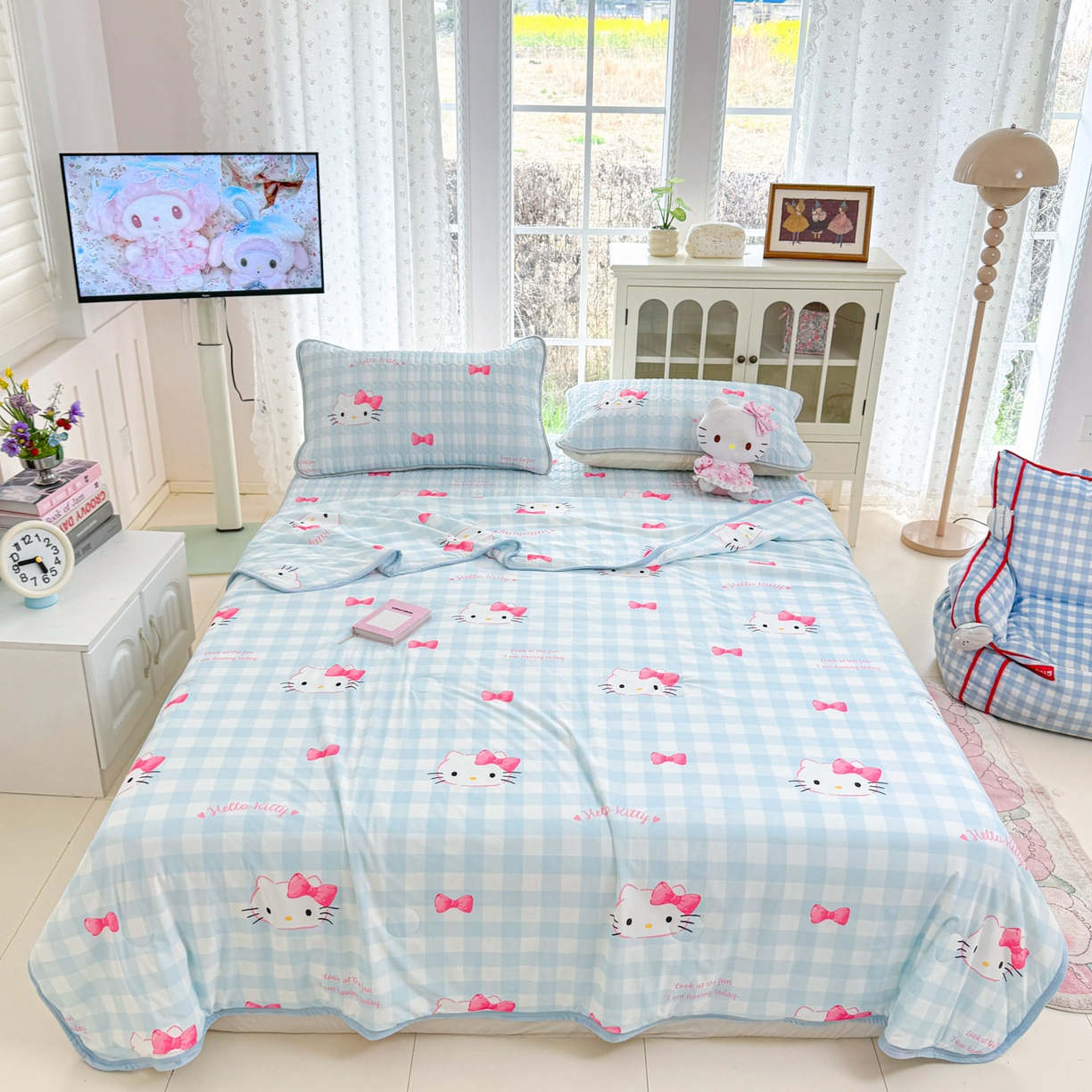 91家纺网 家纺一手货源 找家纺 博雅 2026新款三丽鸥A类仿锦氨组合小冰皮夏被夏凉被空调被凉席席子 小版-蓝色蝴蝶结KT