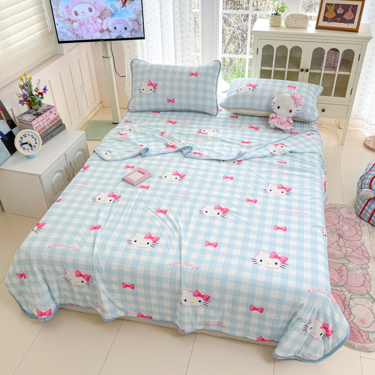 91家纺网 家纺一手货源 找家纺 博雅 2026新款三丽鸥A类仿锦氨组合小冰皮夏被夏凉被空调被凉席席子 小版-蓝色蝴蝶结KT