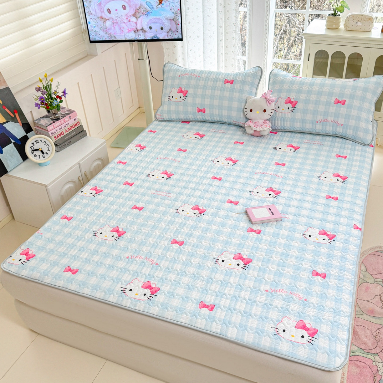 91家纺网 家纺一手货源 找家纺 博雅 2026新款三丽鸥A类仿锦氨组合小冰皮夏被夏凉被空调被凉席席子 小版-蓝色蝴蝶结KT