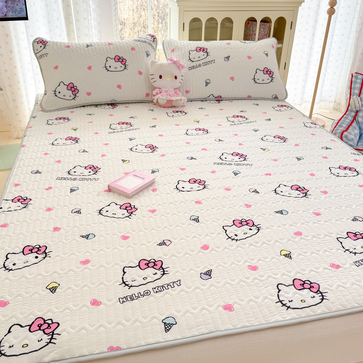 91家纺网 家纺一手货源 找家纺 博雅 2026新款三丽鸥A类仿锦氨组合小冰皮夏被夏凉被空调被凉席席子 小版-甜筒KT-白