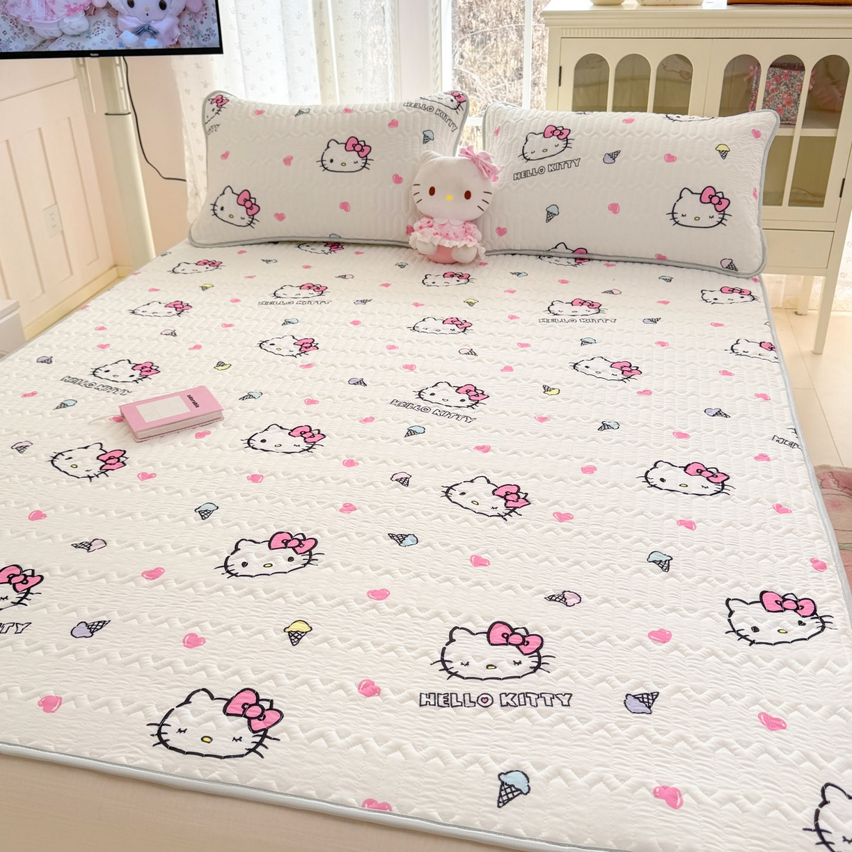 91家纺网 家纺一手货源 找家纺 博雅 2026新款三丽鸥A类仿锦氨组合小冰皮夏被夏凉被空调被凉席席子 小版-甜筒KT-白