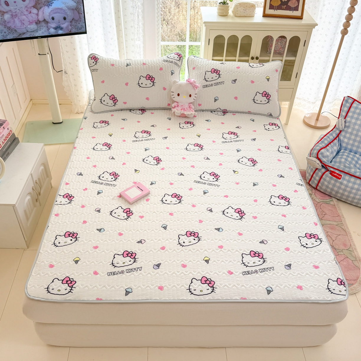 91家纺网 家纺一手货源 找家纺 博雅 2026新款三丽鸥A类仿锦氨组合小冰皮夏被夏凉被空调被凉席席子 小版-甜筒KT-白