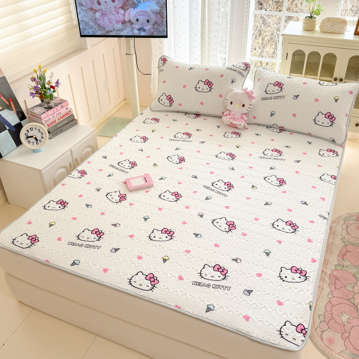 91家纺网 家纺一手货源 找家纺 博雅 2026新款三丽鸥A类仿锦氨组合小冰皮夏被夏凉被空调被凉席席子 小版-甜筒KT-白