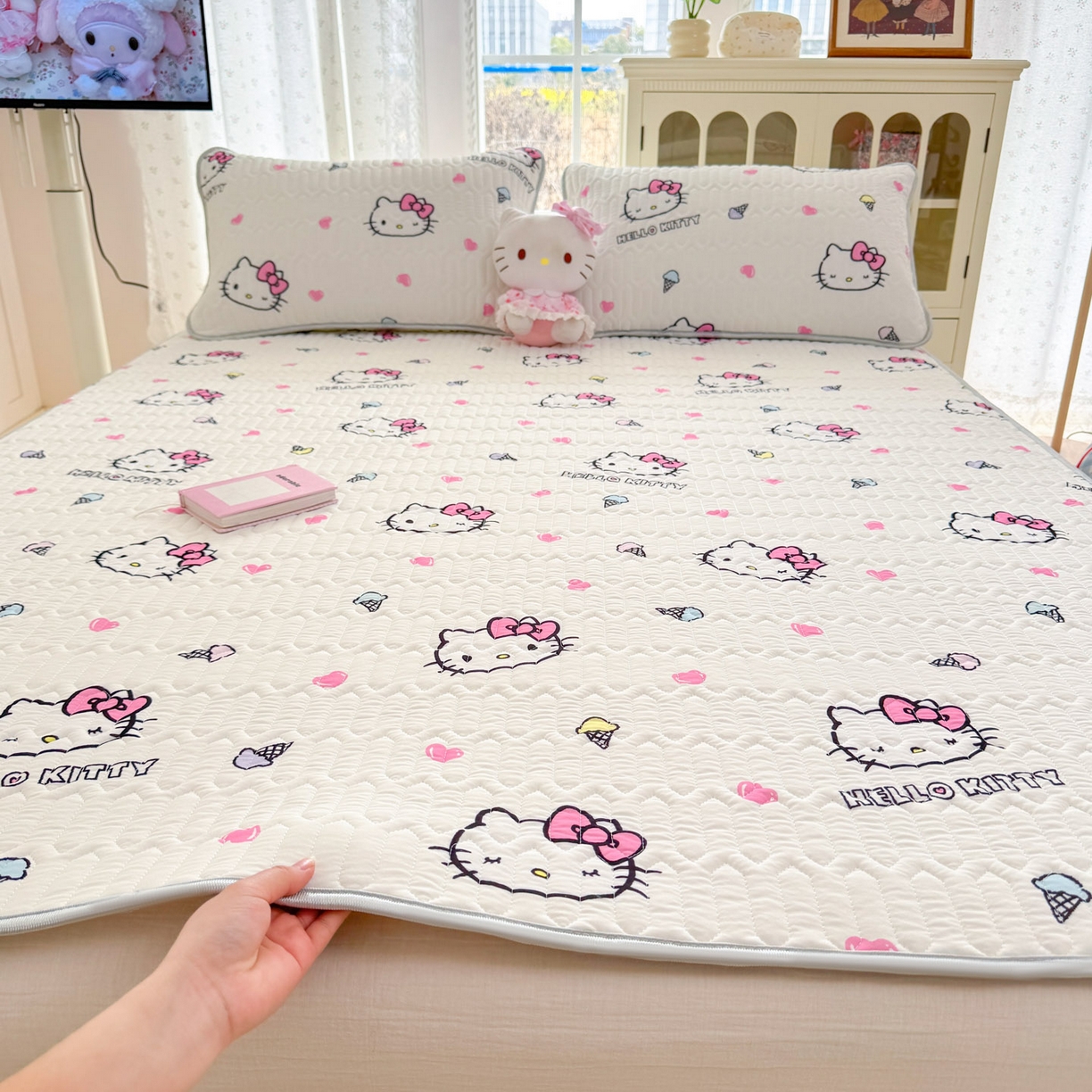 91家纺网 家纺一手货源 找家纺 博雅 2026新款三丽鸥A类仿锦氨组合小冰皮夏被夏凉被空调被凉席席子 小版-甜筒KT-白