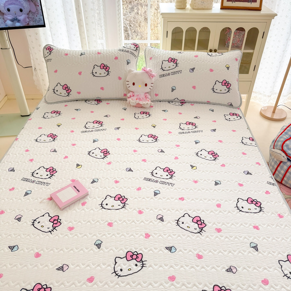 91家纺网 家纺一手货源 找家纺 博雅 2026新款三丽鸥A类仿锦氨组合小冰皮夏被夏凉被空调被凉席席子 小版-甜筒KT-白