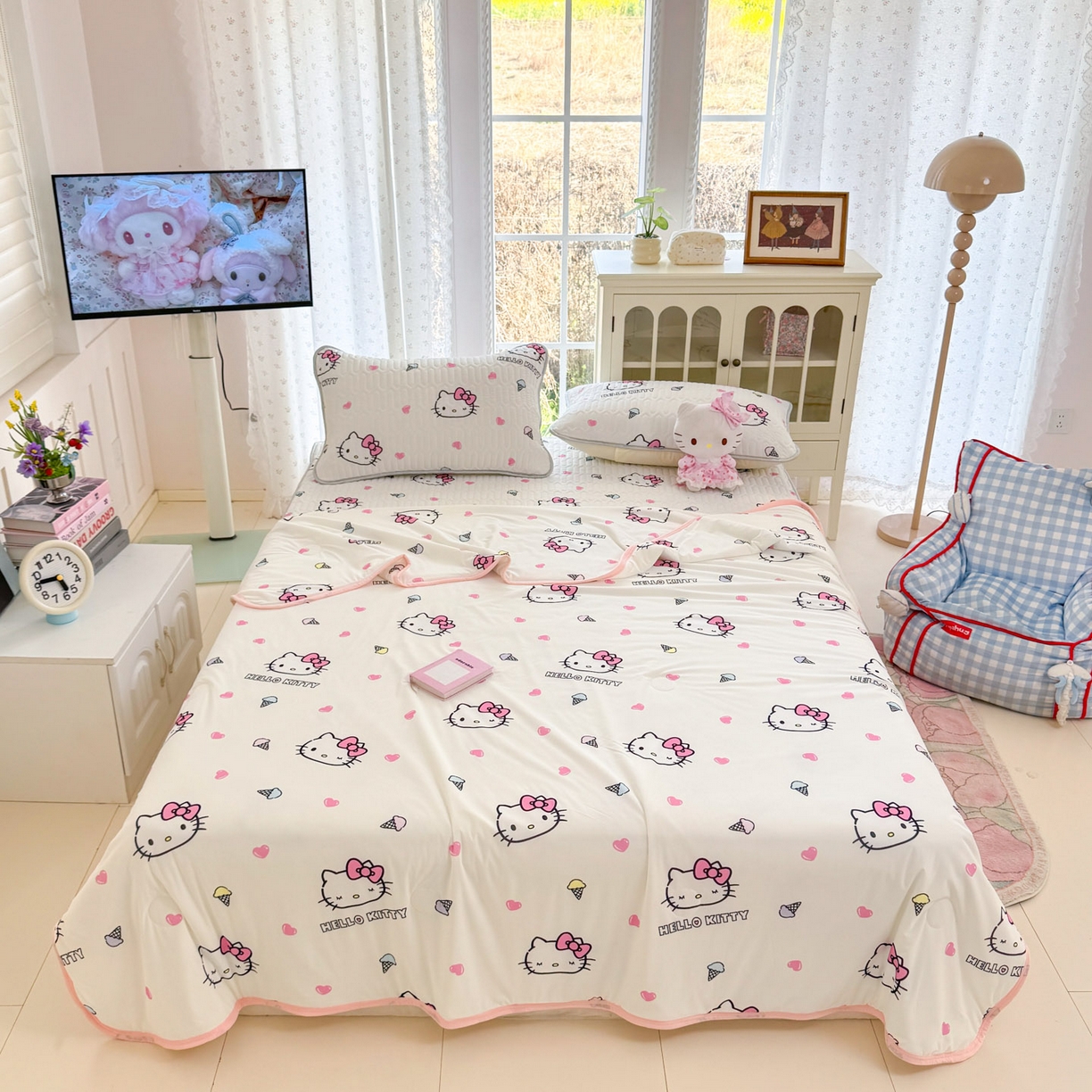 91家纺网 家纺一手货源 找家纺 博雅 2026新款三丽鸥A类仿锦氨组合小冰皮夏被夏凉被空调被凉席席子 小版-甜筒KT-白