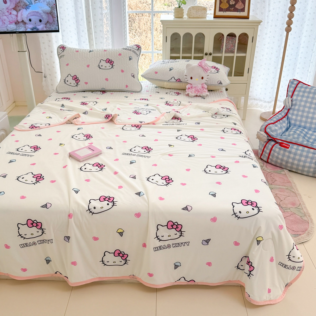 91家纺网 家纺一手货源 找家纺 博雅 2026新款三丽鸥A类仿锦氨组合小冰皮夏被夏凉被空调被凉席席子 小版-甜筒KT-白