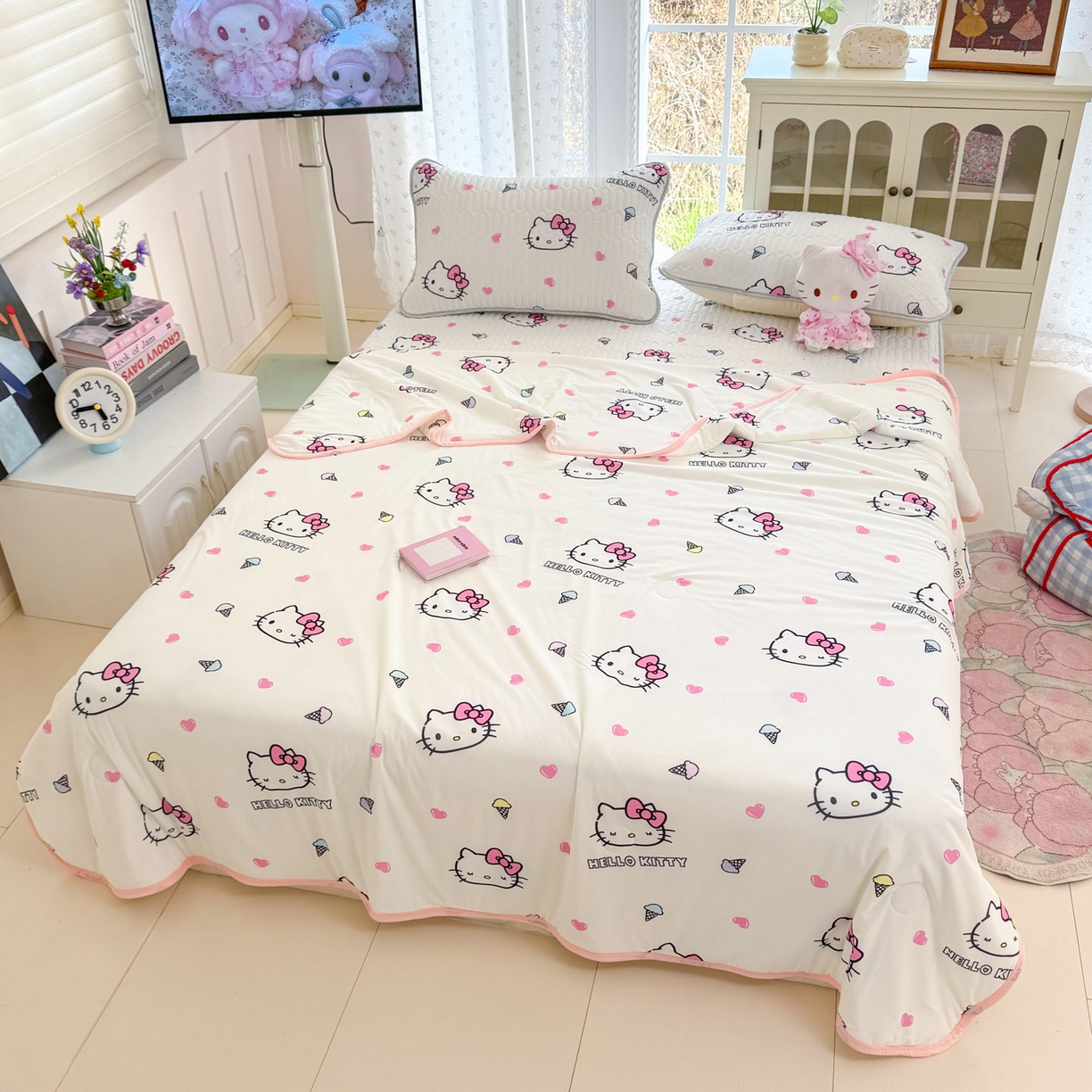 91家纺网 家纺一手货源 找家纺 博雅 2026新款三丽鸥A类仿锦氨组合小冰皮夏被夏凉被空调被凉席席子 小版-甜筒KT-白