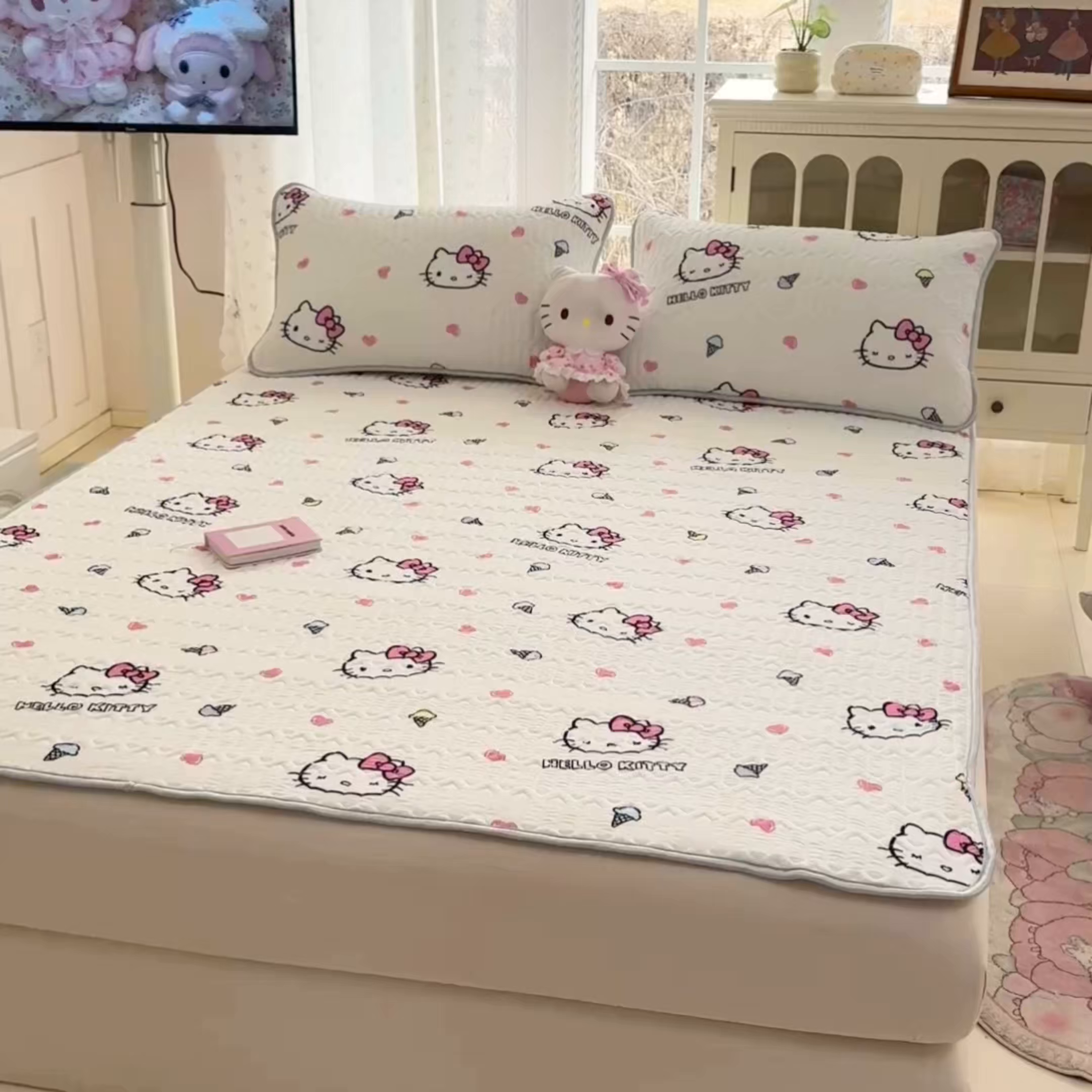 91家纺网 家纺一手货源 找家纺 博雅 2026新款三丽鸥A类仿锦氨组合小冰皮夏被夏凉被空调被凉席席子 小版-甜筒KT-白