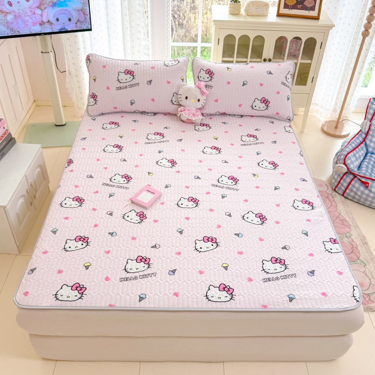 91家纺网 家纺一手货源 找家纺 博雅 2026新款三丽鸥A类仿锦氨组合小冰皮夏被夏凉被空调被凉席席子 小版-甜筒KT-粉