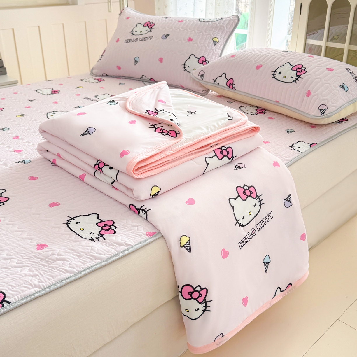 博雅 2026新款三丽鸥A类仿锦氨组合小冰皮夏被夏凉被空调被凉席席子 小版-甜筒KT-粉