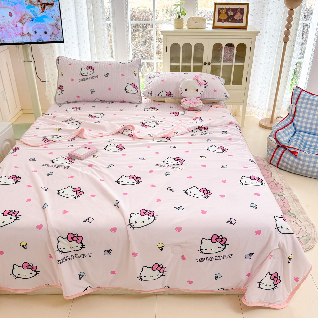 91家纺网 家纺一手货源 找家纺 博雅 2026新款三丽鸥A类仿锦氨组合小冰皮夏被夏凉被空调被凉席席子 小版-甜筒KT-粉