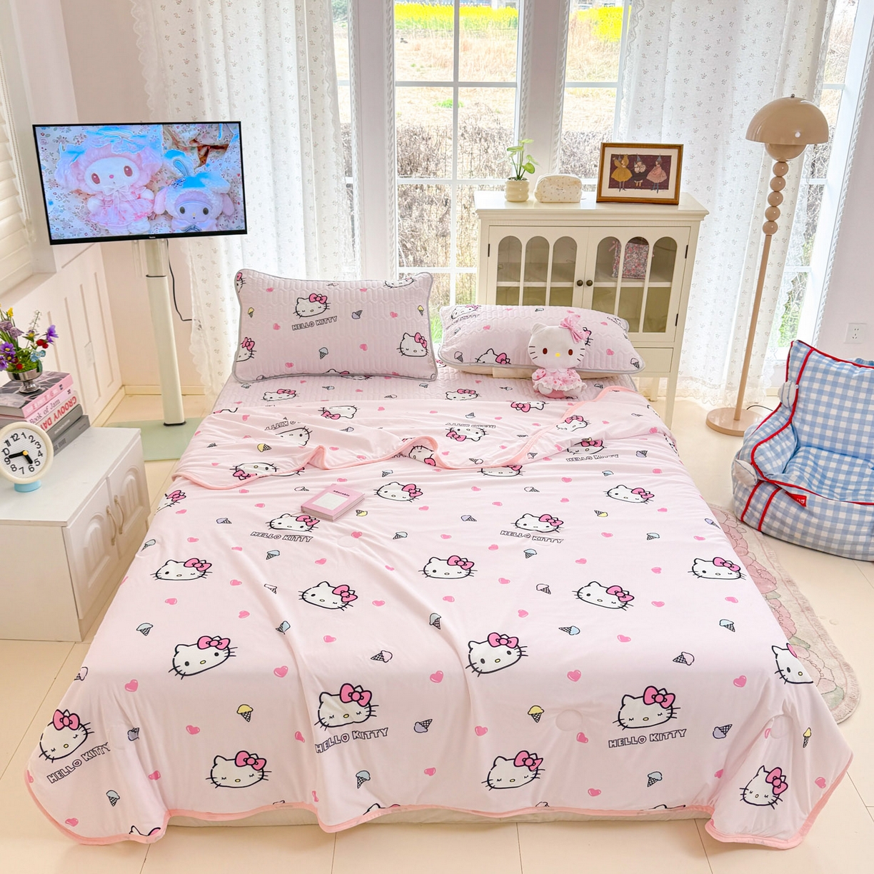 91家纺网 家纺一手货源 找家纺 博雅 2026新款三丽鸥A类仿锦氨组合小冰皮夏被夏凉被空调被凉席席子 小版-甜筒KT-粉