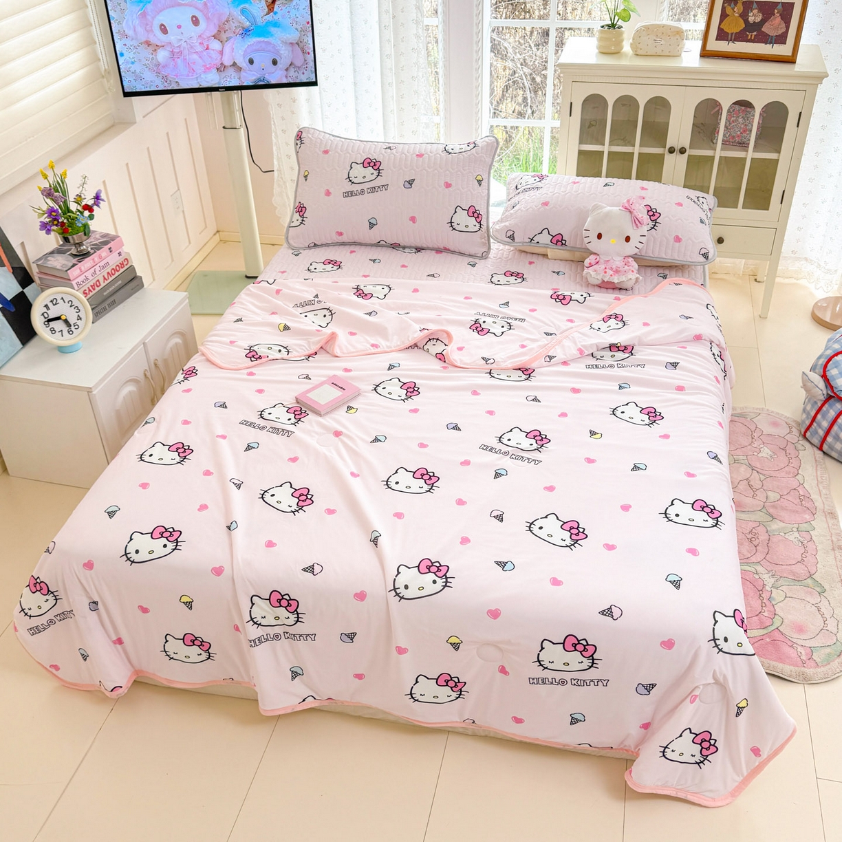 91家纺网 家纺一手货源 找家纺 博雅 2026新款三丽鸥A类仿锦氨组合小冰皮夏被夏凉被空调被凉席席子 小版-甜筒KT-粉