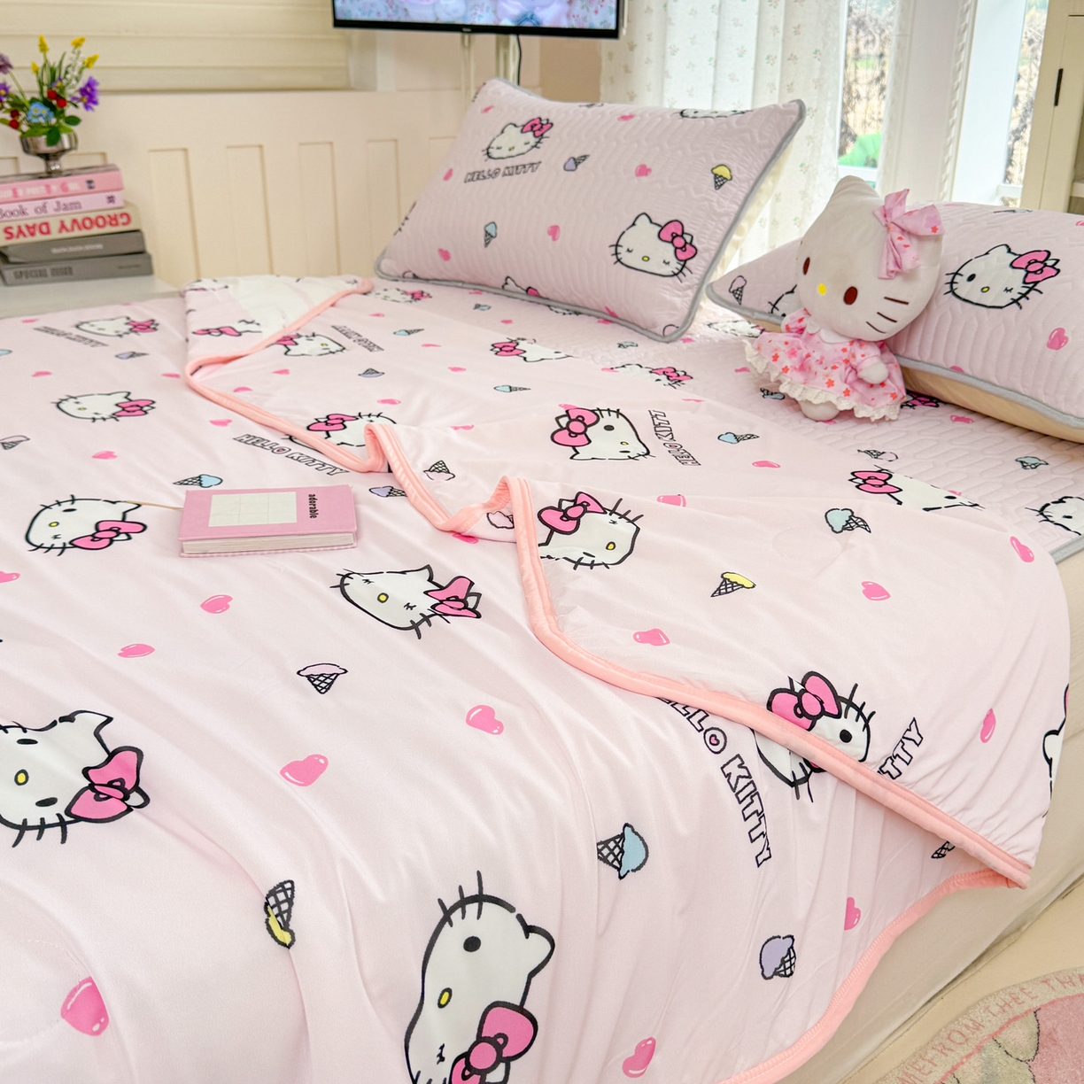 91家纺网 家纺一手货源 找家纺 博雅 2026新款三丽鸥A类仿锦氨组合小冰皮夏被夏凉被空调被凉席席子 小版-甜筒KT-粉