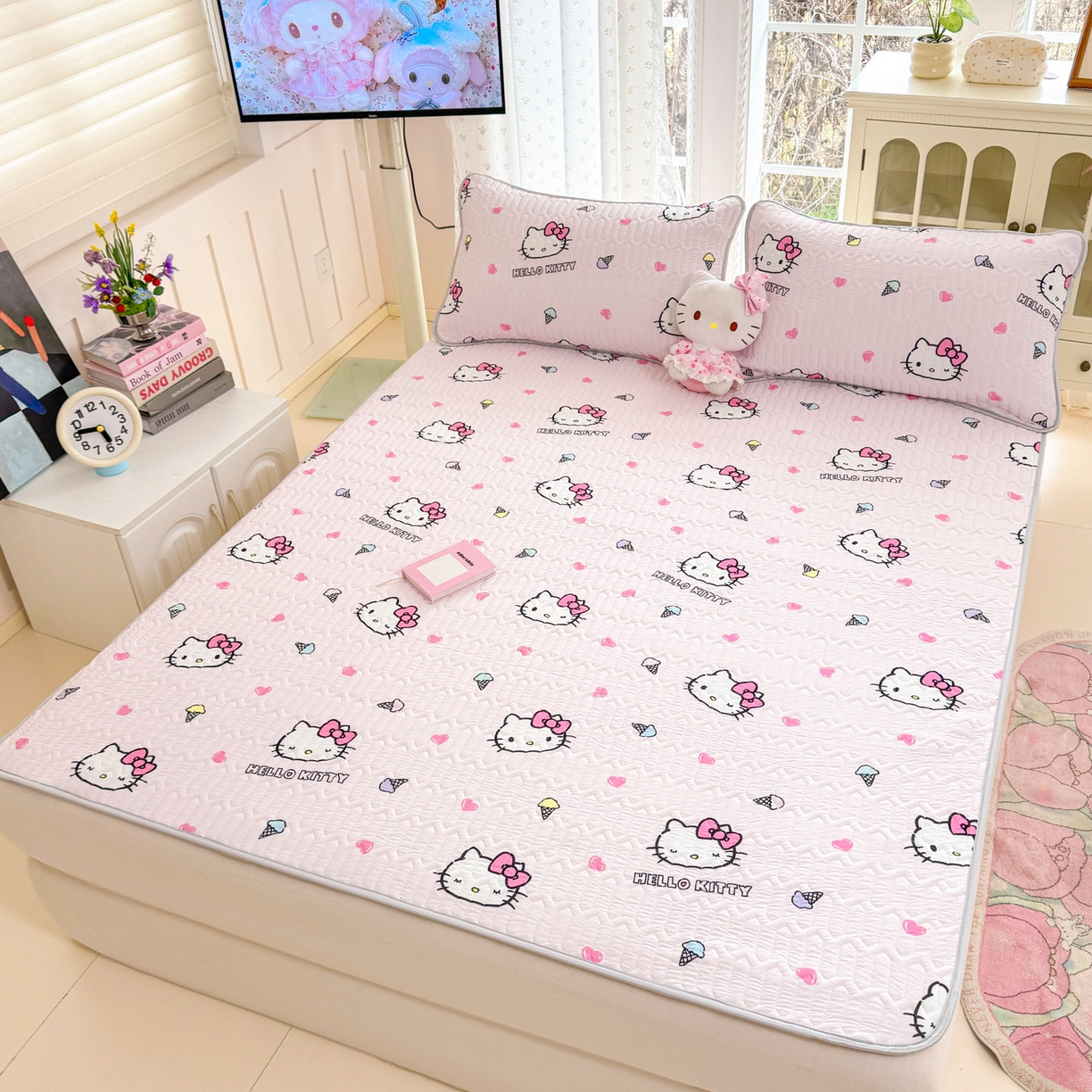 91家纺网 家纺一手货源 找家纺 博雅 2026新款三丽鸥A类仿锦氨组合小冰皮夏被夏凉被空调被凉席席子 小版-甜筒KT-粉