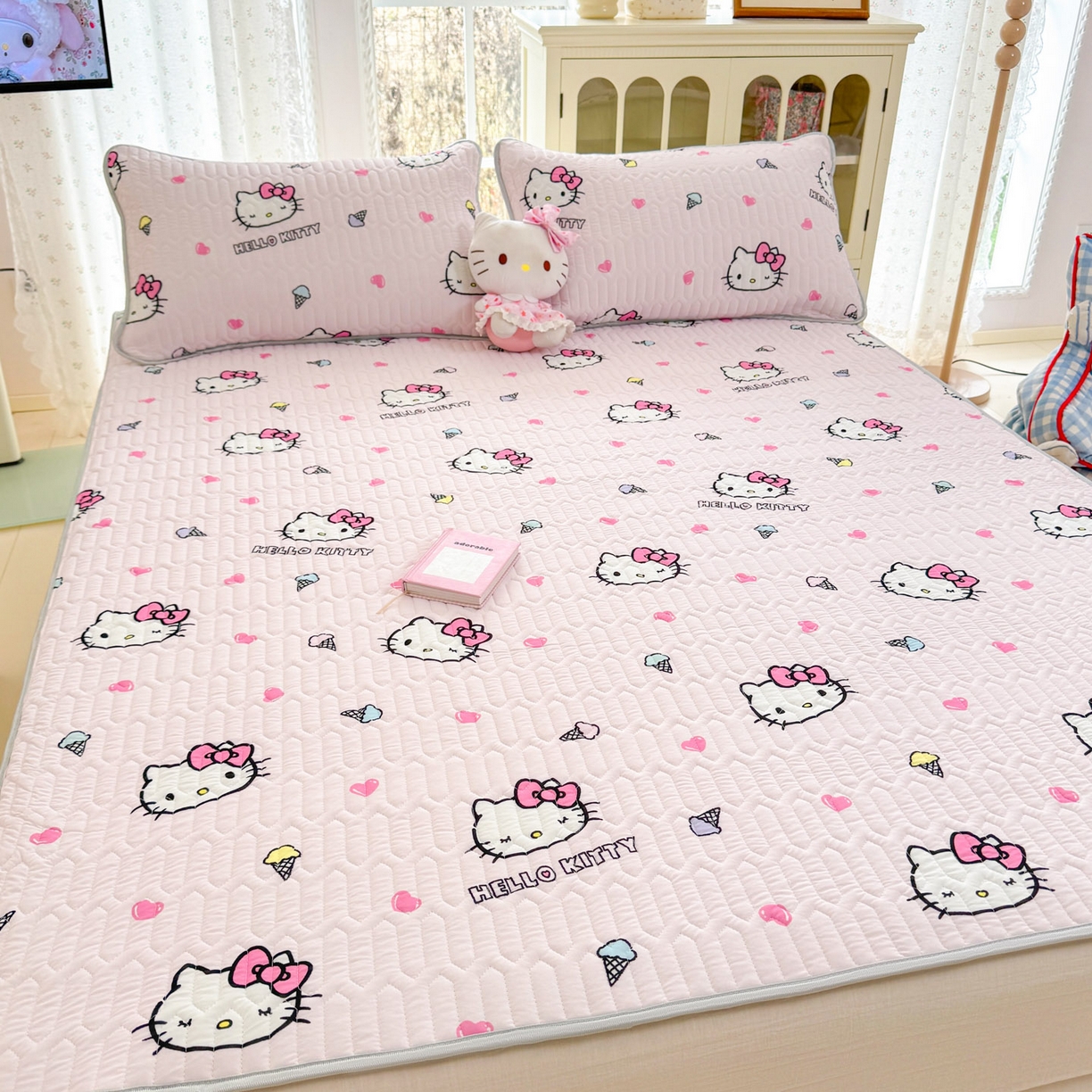 91家纺网 家纺一手货源 找家纺 博雅 2026新款三丽鸥A类仿锦氨组合小冰皮夏被夏凉被空调被凉席席子 小版-甜筒KT-粉