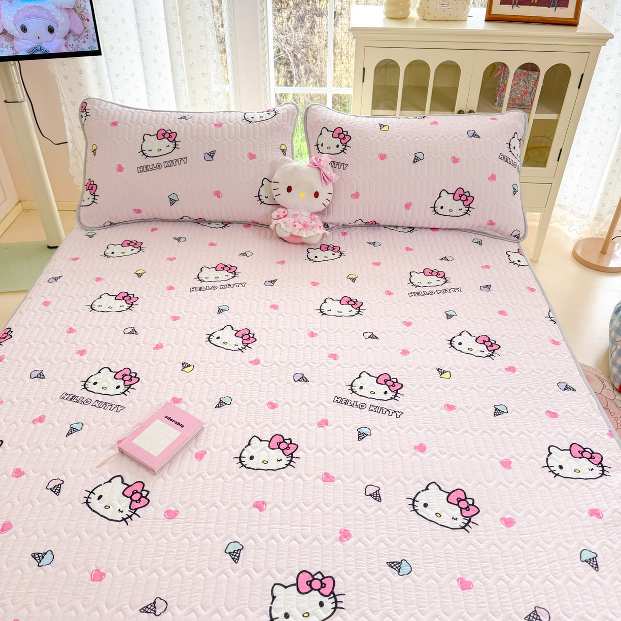 91家纺网 家纺一手货源 找家纺 博雅 2026新款三丽鸥A类仿锦氨组合小冰皮夏被夏凉被空调被凉席席子 小版-甜筒KT-粉