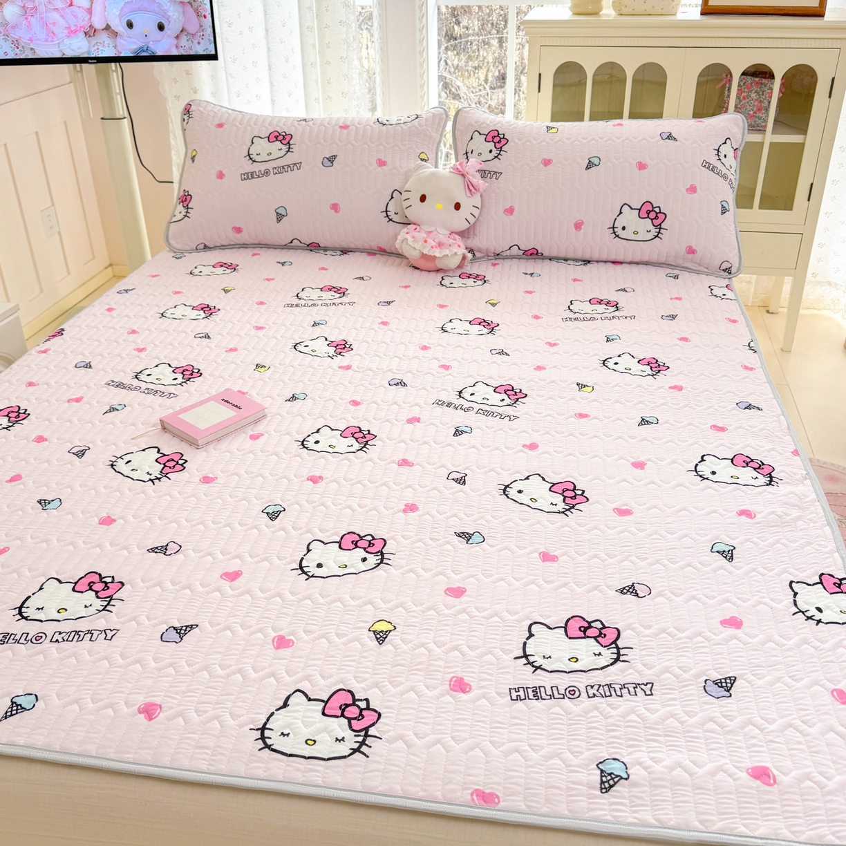 91家纺网 家纺一手货源 找家纺 博雅 2026新款三丽鸥A类仿锦氨组合小冰皮夏被夏凉被空调被凉席席子 小版-甜筒KT-粉