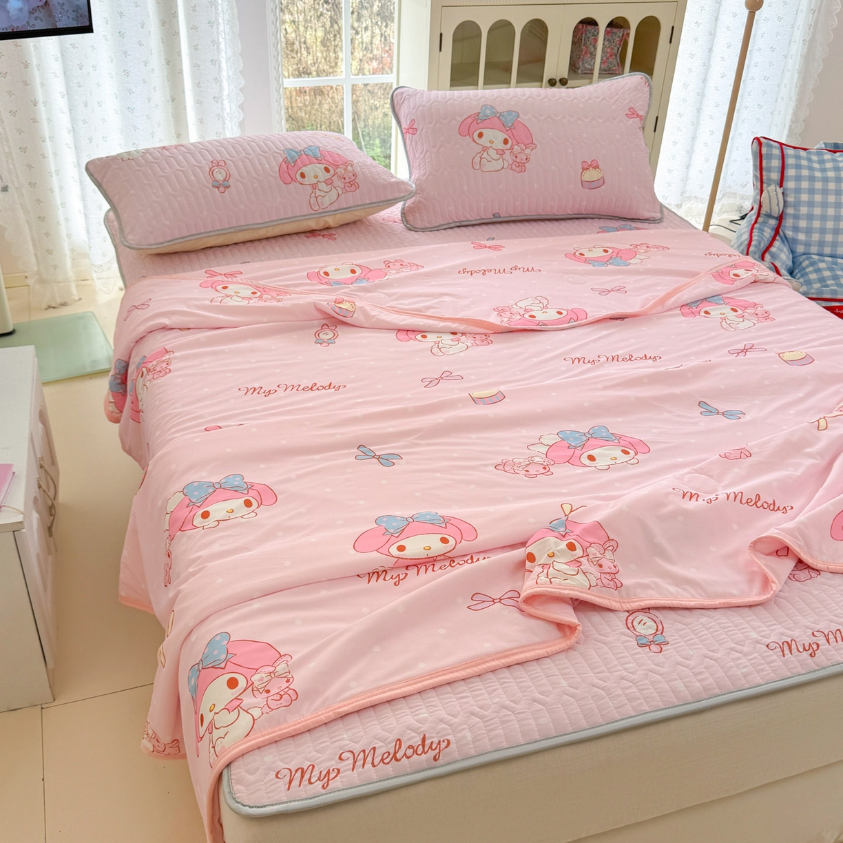 91家纺网 家纺一手货源 找家纺 博雅 2026新款三丽鸥A类仿锦氨组合小冰皮夏被夏凉被空调被凉席席子 小版-小兔美乐蒂