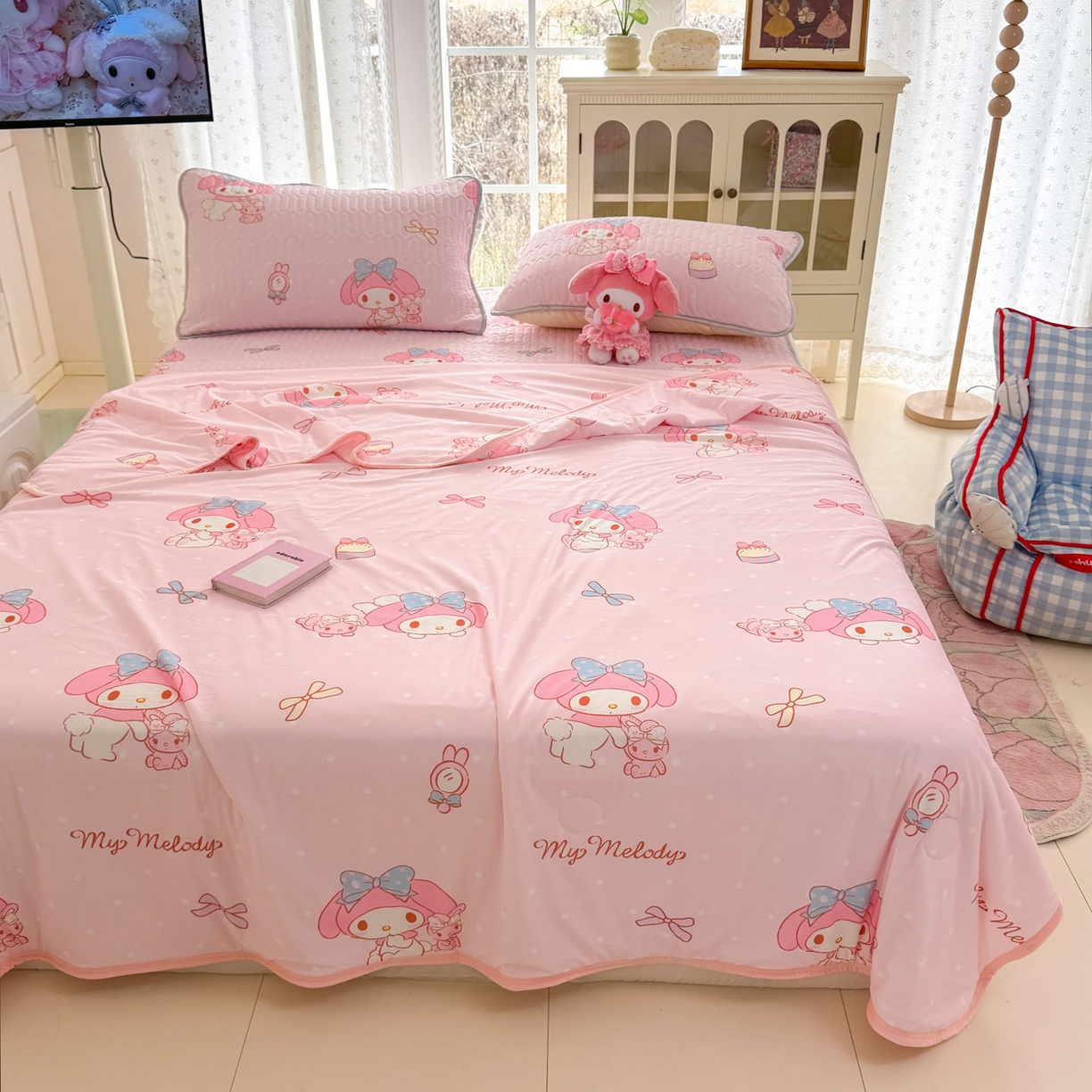 91家纺网 家纺一手货源 找家纺 博雅 2026新款三丽鸥A类仿锦氨组合小冰皮夏被夏凉被空调被凉席席子 小版-小兔美乐蒂