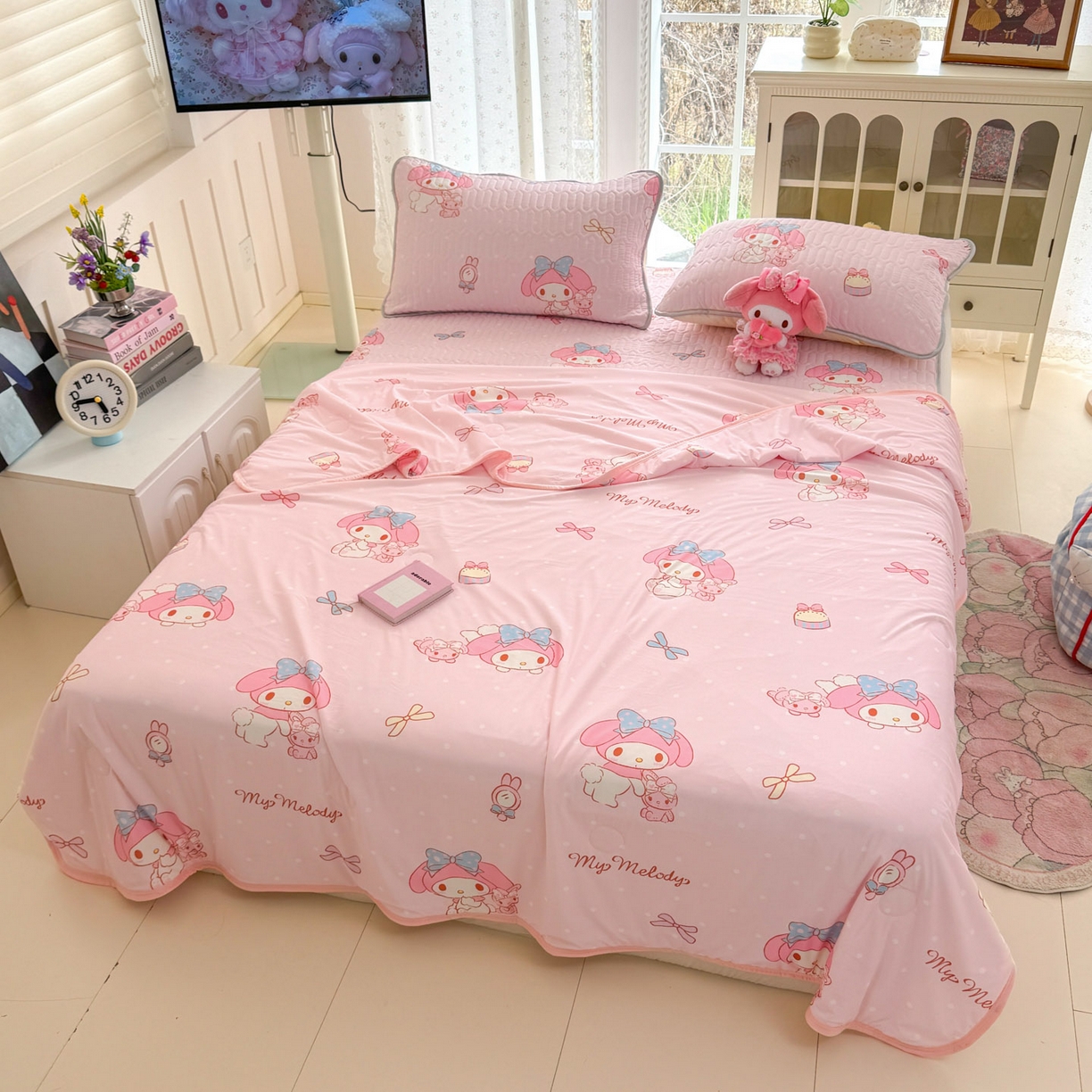 91家纺网 家纺一手货源 找家纺 博雅 2026新款三丽鸥A类仿锦氨组合小冰皮夏被夏凉被空调被凉席席子 小版-小兔美乐蒂