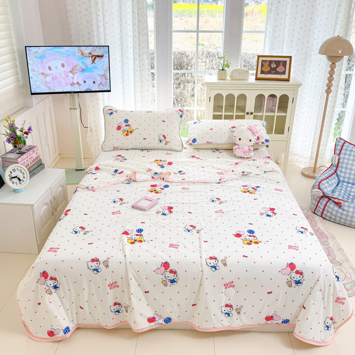 91家纺网 家纺一手货源 找家纺 博雅 2026新款三丽鸥A类仿锦氨组合小冰皮夏被夏凉被空调被凉席席子 小版-小熊苹果KT