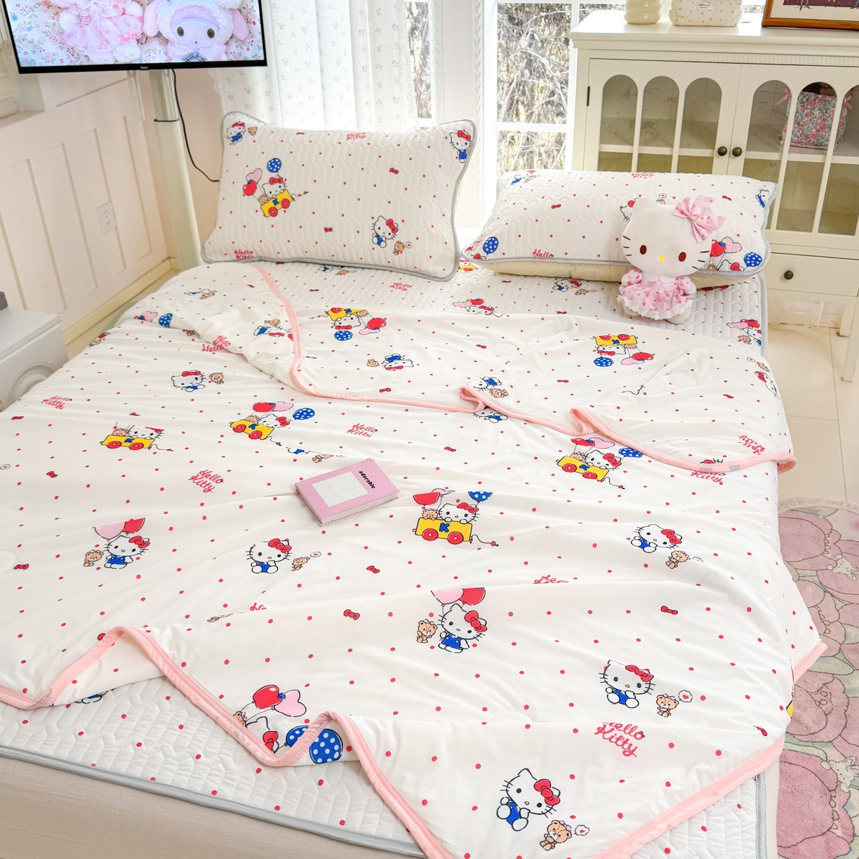 91家纺网 家纺一手货源 找家纺 博雅 2026新款三丽鸥A类仿锦氨组合小冰皮夏被夏凉被空调被凉席席子 小版-小熊苹果KT