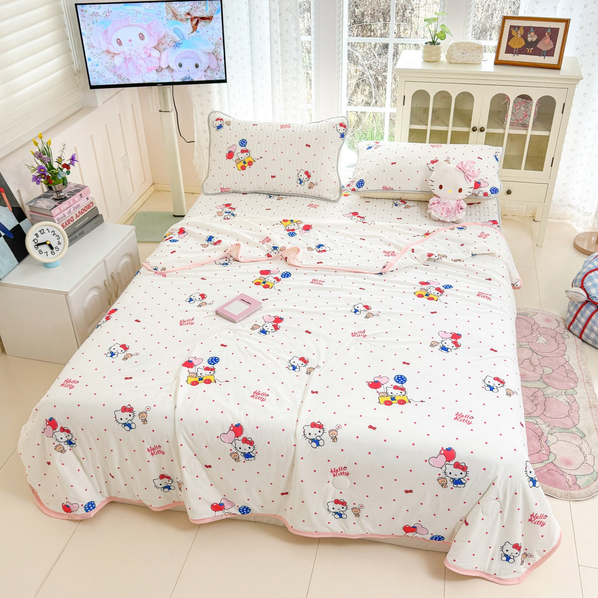 91家纺网 家纺一手货源 找家纺 博雅 2026新款三丽鸥A类仿锦氨组合小冰皮夏被夏凉被空调被凉席席子 小版-小熊苹果KT